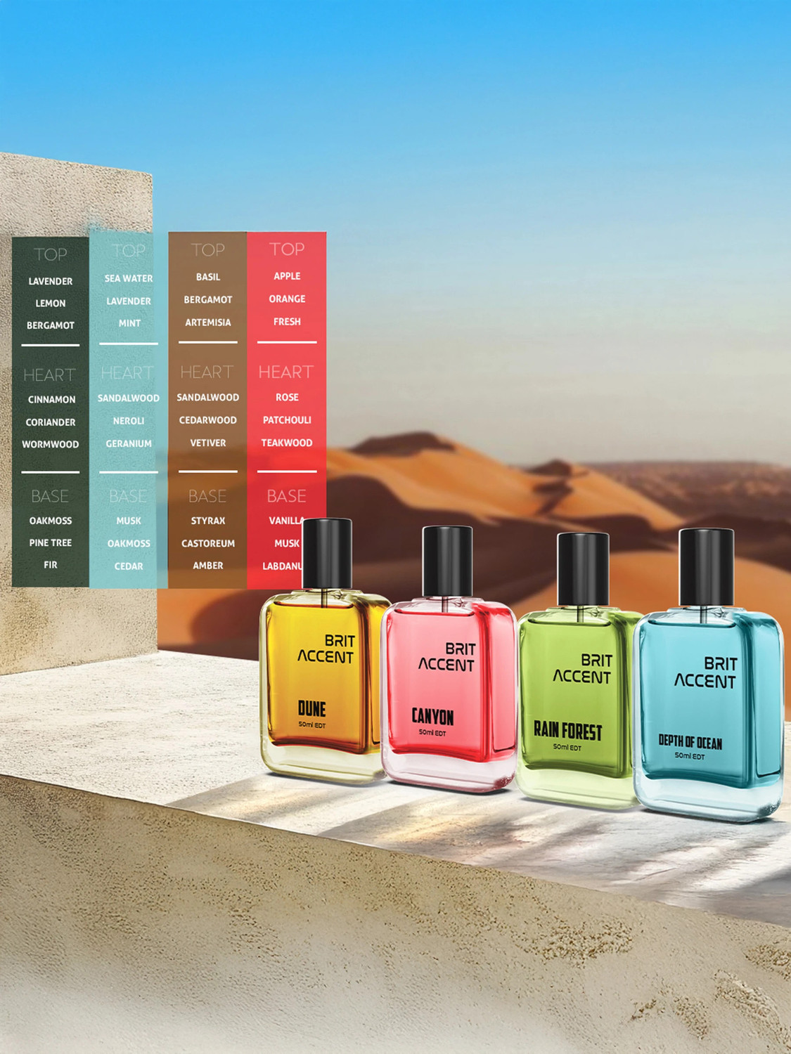 Image of BRIT ACCENT Combo Pack Of 4|Depth Of Ocean-Dune-Canyon-RainForest|Parfum|Long-Lasting| Eau de Toilette - 200 ml