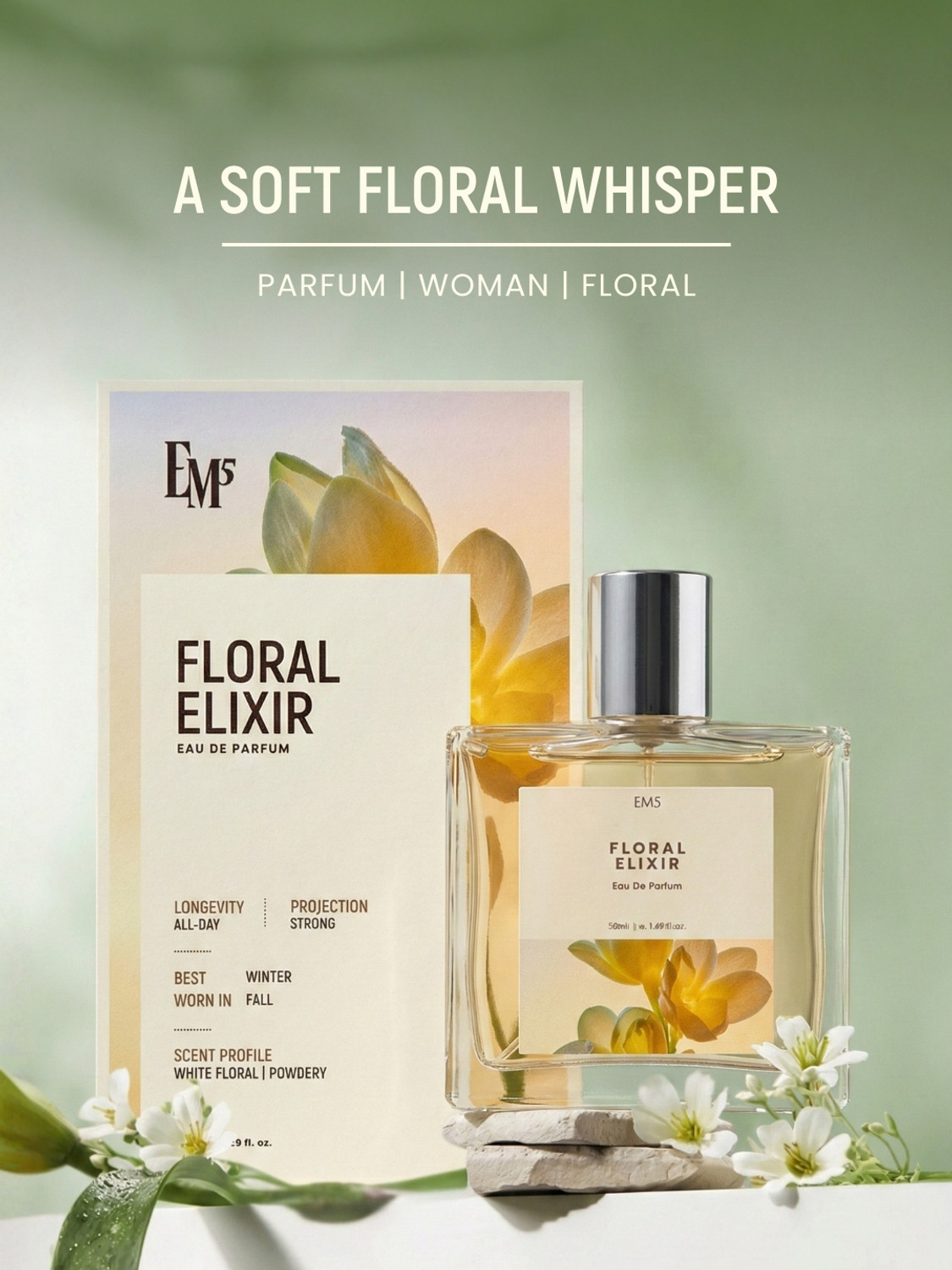 Image of Em5 Floral Elixir EDP Perfume for Women | White Floral, Powdery Fragrance | Eau de Parfum - 50 ml