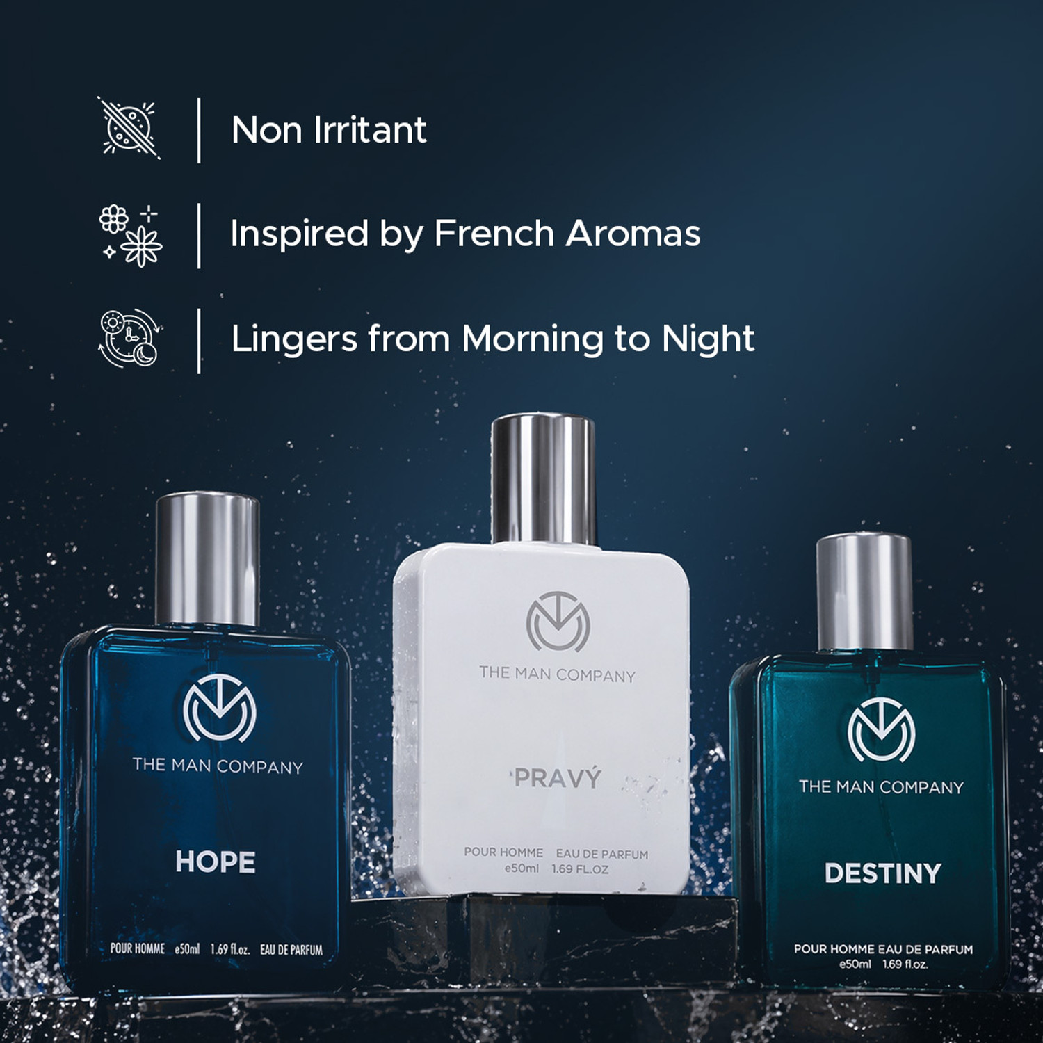Image of THE MAN COMPANY Perfume for Men|Long Lasting Perfume|3x50 ml|Hope,Pravy,Destiny + Travel Pouch| Eau de Parfum - 150 ml