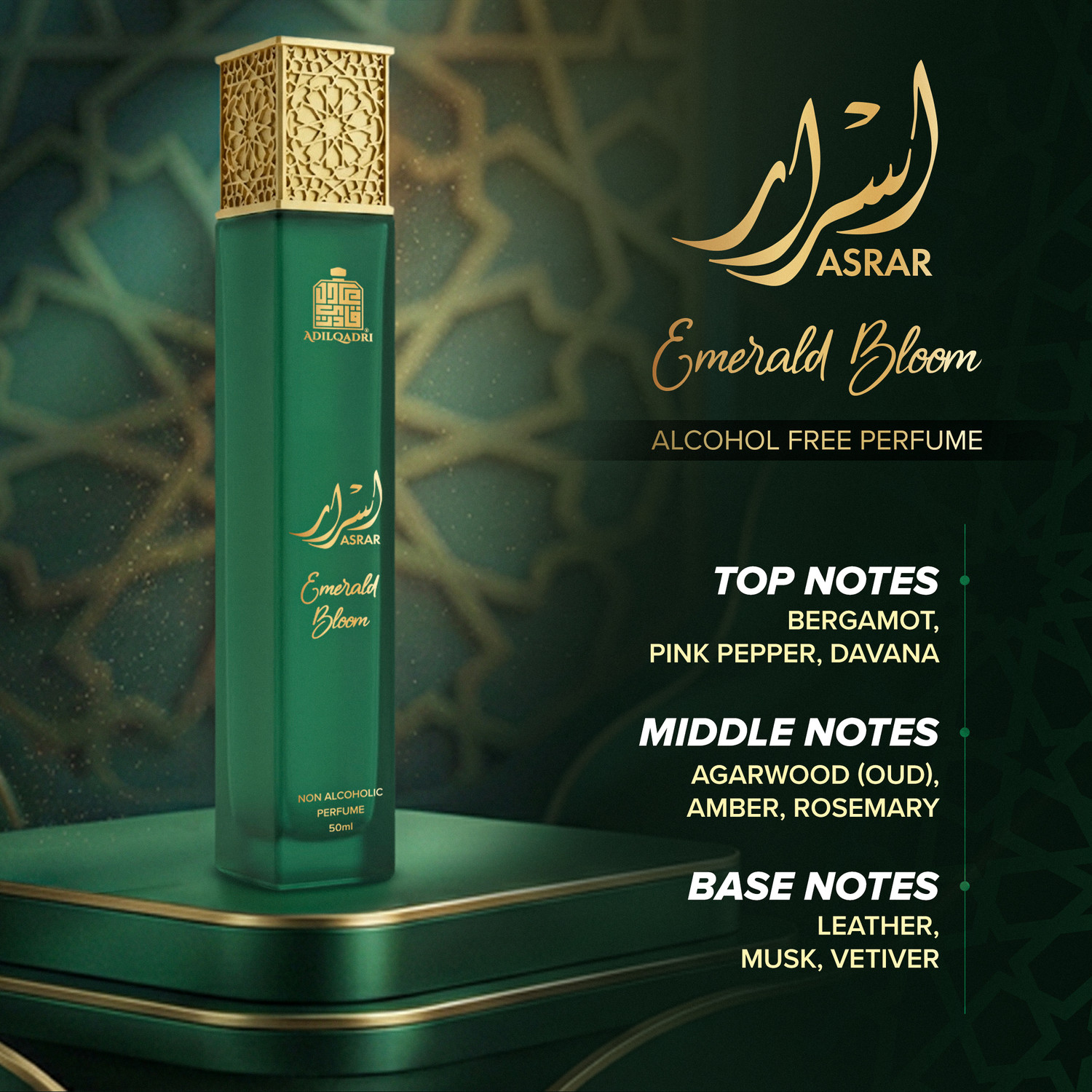 Image of Adilqadri Asrar Emerald Bloom Non Alcoholic Perfume For Men & Women | Citrus Floral Scent Eau de Parfum - 50 ml