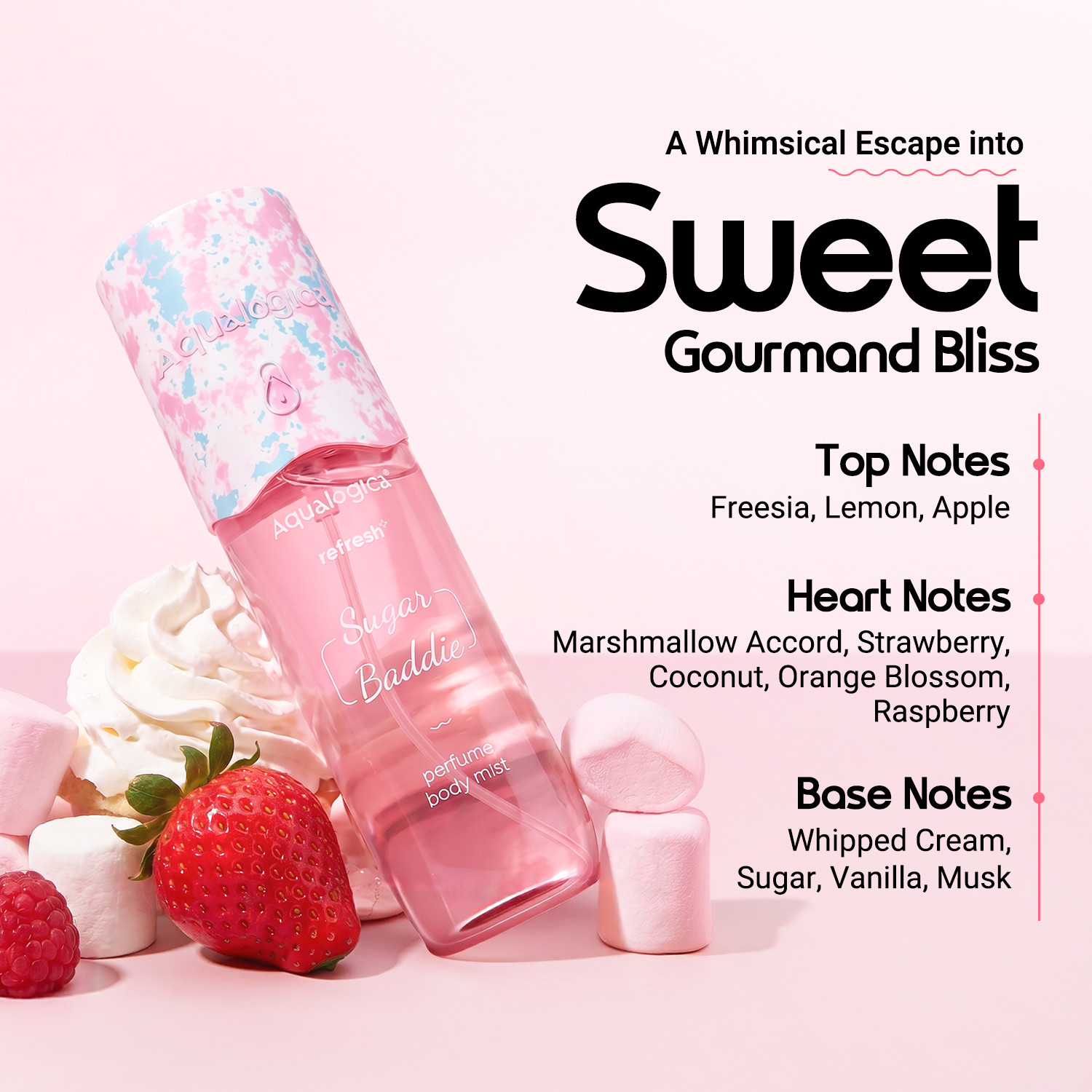 Image of Aqualogica Refresh+ Perfume Body Mist - Sugar Baddie Delicious Marshmallow Fragrance Eau de Parfum - 150 ml
