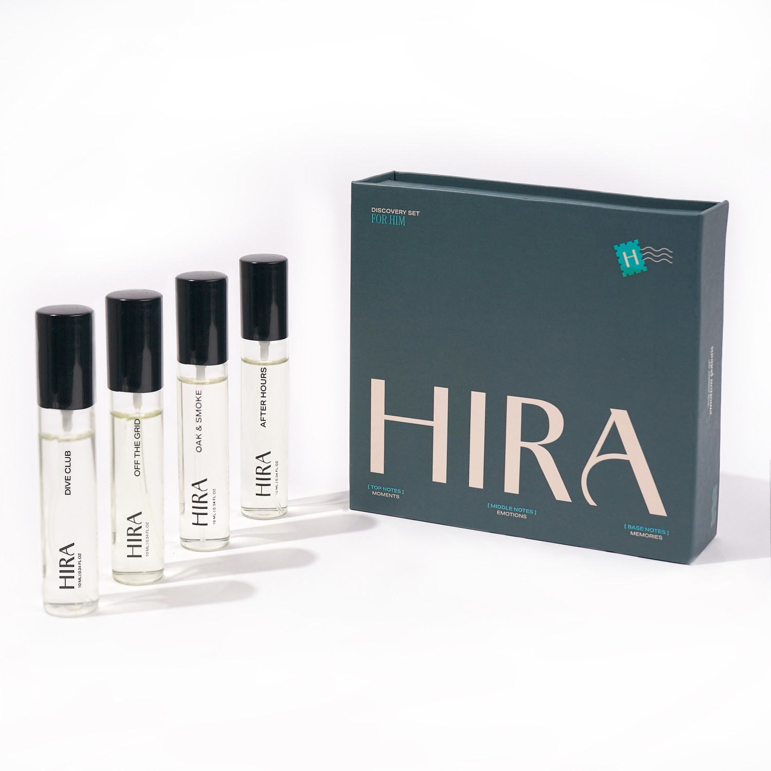 Image of HIRA Discovery Set 4 Luxury Perfume - DiveClub, Oak & Smoke, Off the Grid, AfterHours Eau de Parfum - 40 ml