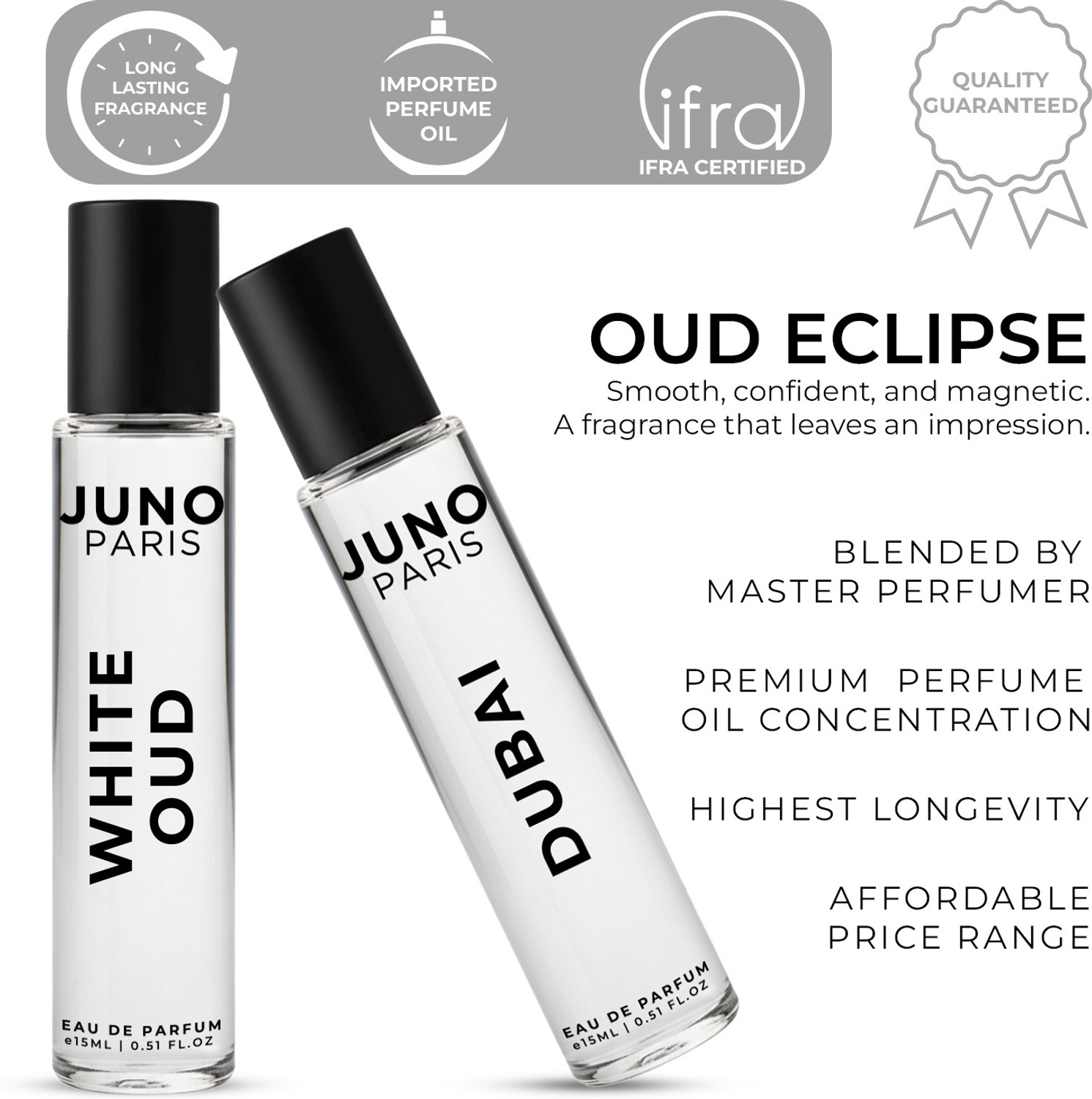 Image of JUNO PARIS Oud Eclipse White Oud & Dubai Unisex Perfume Combo| 15mlx2 | Long Lasting Eau de Parfum - 30 ml