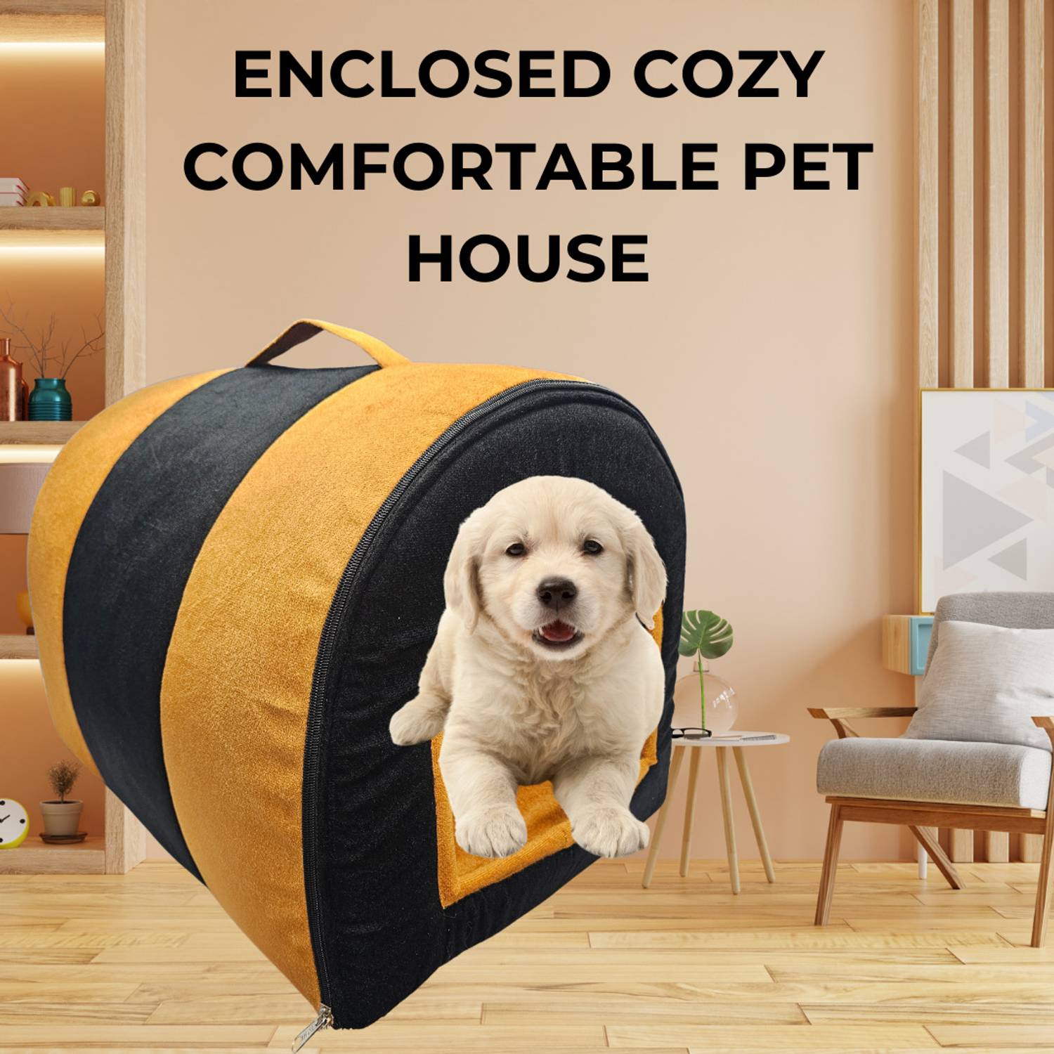 Guru Hut Shape Bed House for Puppies & Cats, Cozy Enclosed, Orange
