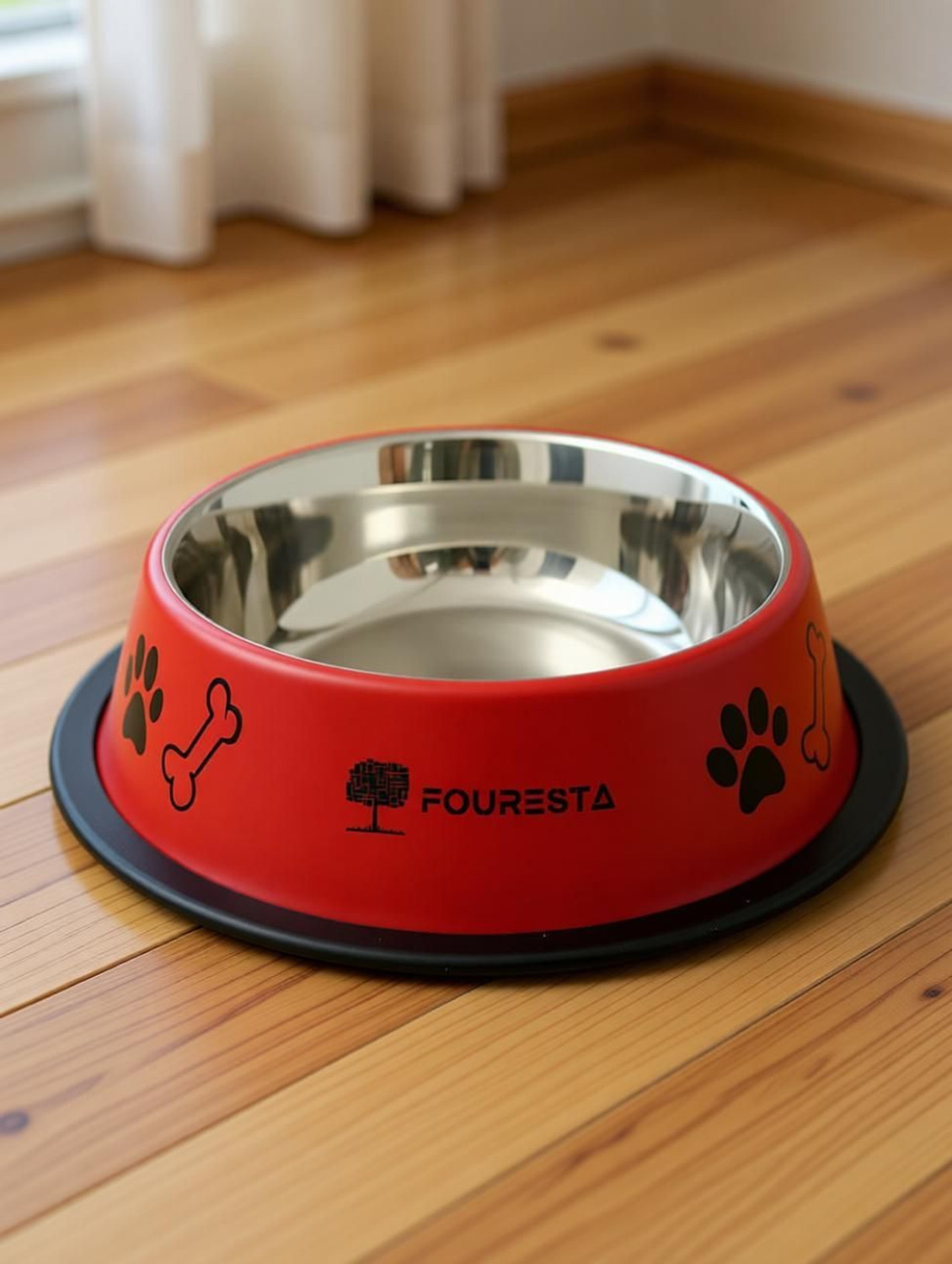Image of FOURESTA Dog Bowl 700 ml Round Stainless Steel Food Water Feeding Bowl for Dogs (Red) Round Stainless Steel Pet Bowl