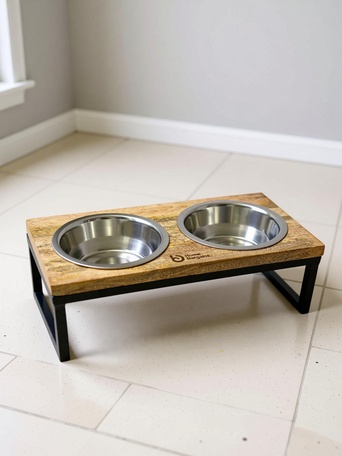 Image of Home Bargains Wooden Dog Bowls Stand with 2 Stainless Steel Bowl for Water and Food Stainless Steel Pet Bowl & Bottle