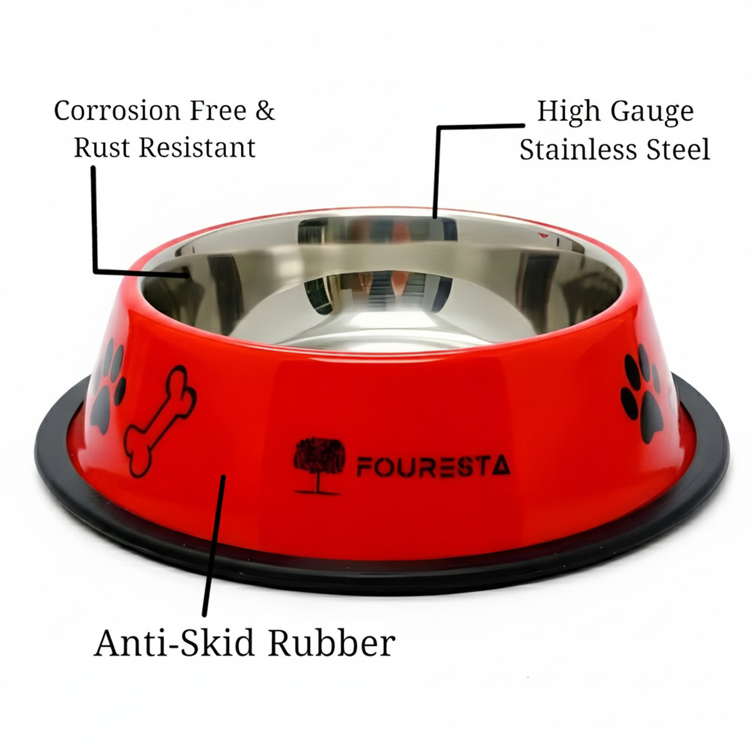 Image of FOURESTA Pet Bowl 800ml Round Stainless Steel Feeding Bowl for Dogs and Cats (Red) Stainless Steel Pet Bowl