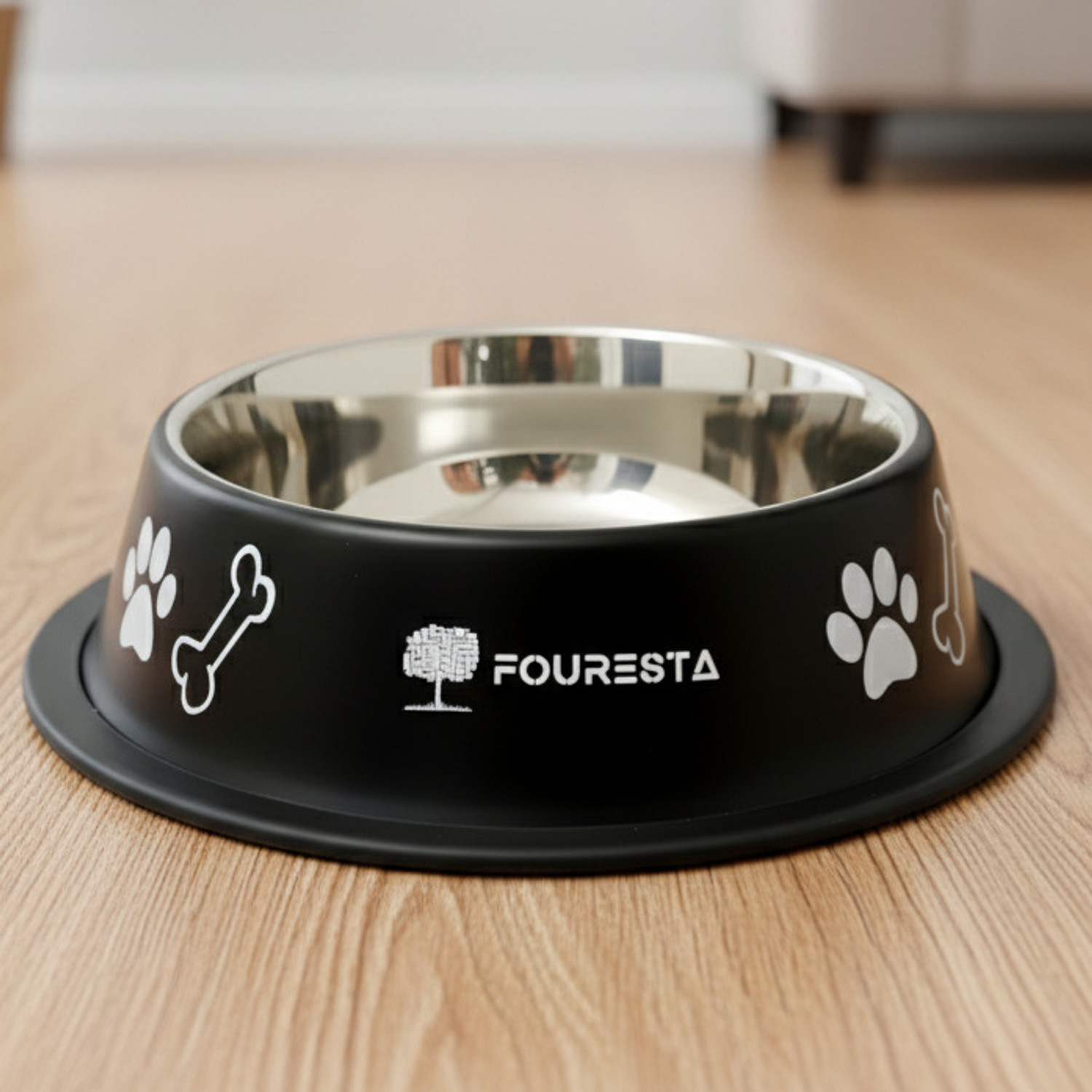 Image of FOURESTA Pet Bowl 800ml Round Stainless Steel Feeding Bowl for Dogs and Cats (Black) Stainless Steel Pet Bowl
