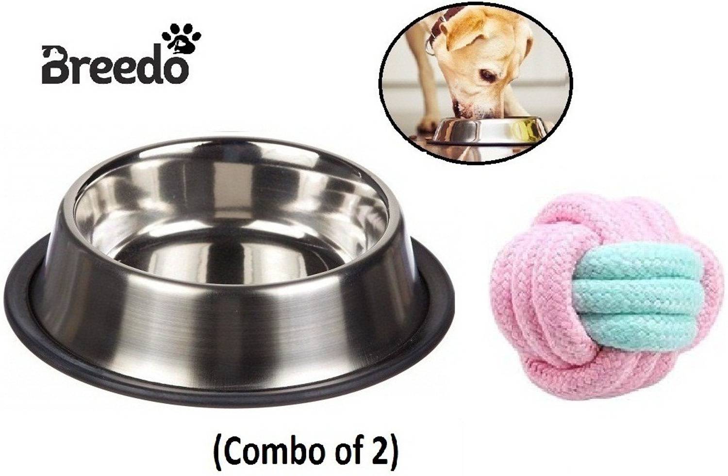 Breedo Dog Bowl (Combo of 2) Bowl + Ball Toy Anti Skid Bowl Scratch Proof (750 ml) Steel Pet Bowl