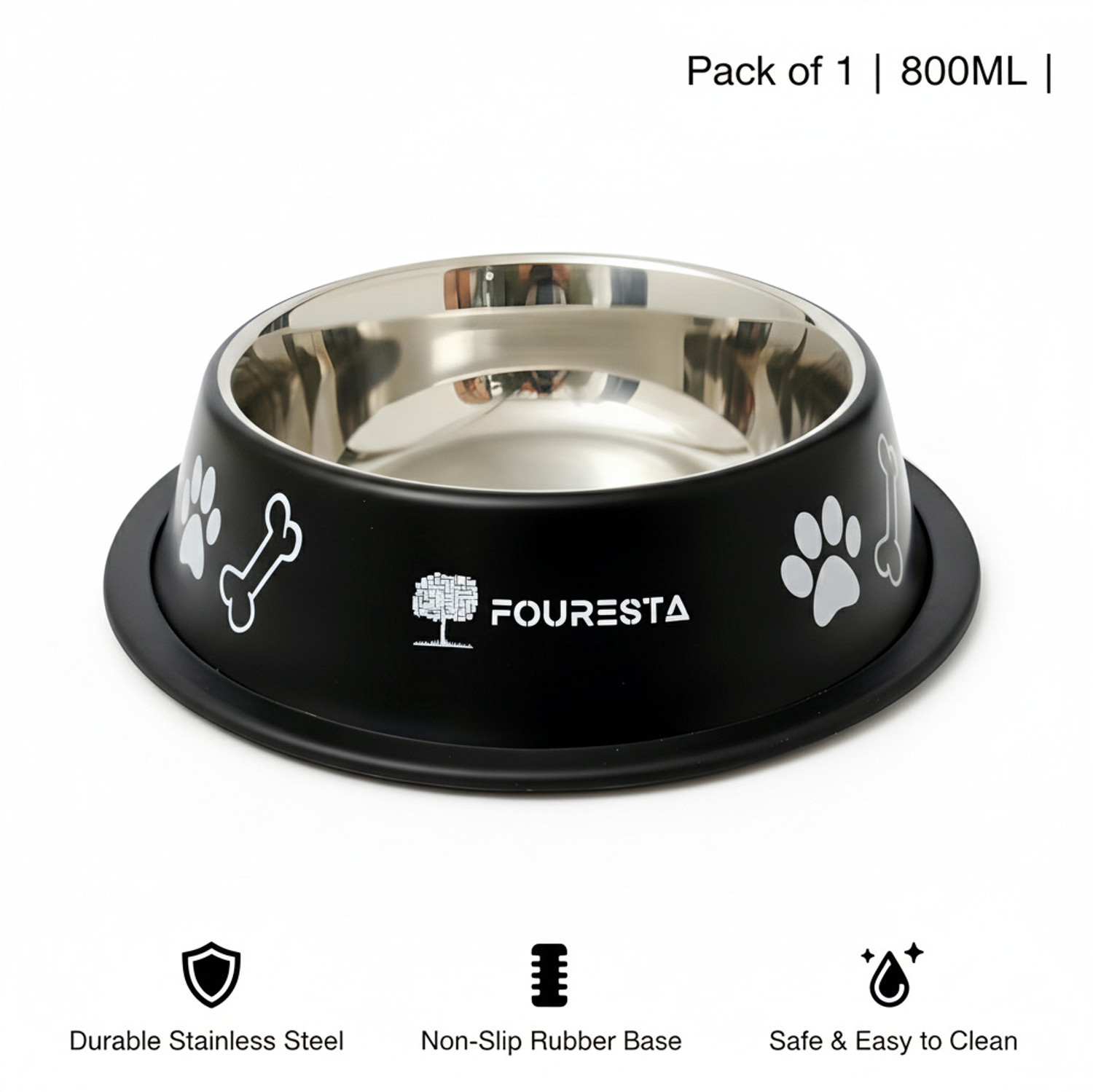 Image of FOURESTA Pet Bowl 800ml Round Stainless Steel Feeding Bowl for Dogs and Cats (Black) Stainless Steel Pet Bowl