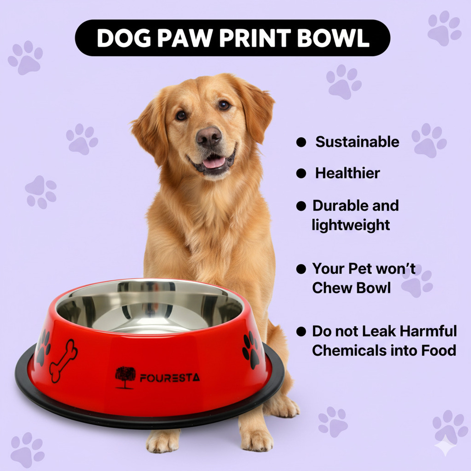Image of FOURESTA Pet Bowl 800ml Round Stainless Steel Feeding Bowl for Dogs and Cats (Red) Stainless Steel Pet Bowl