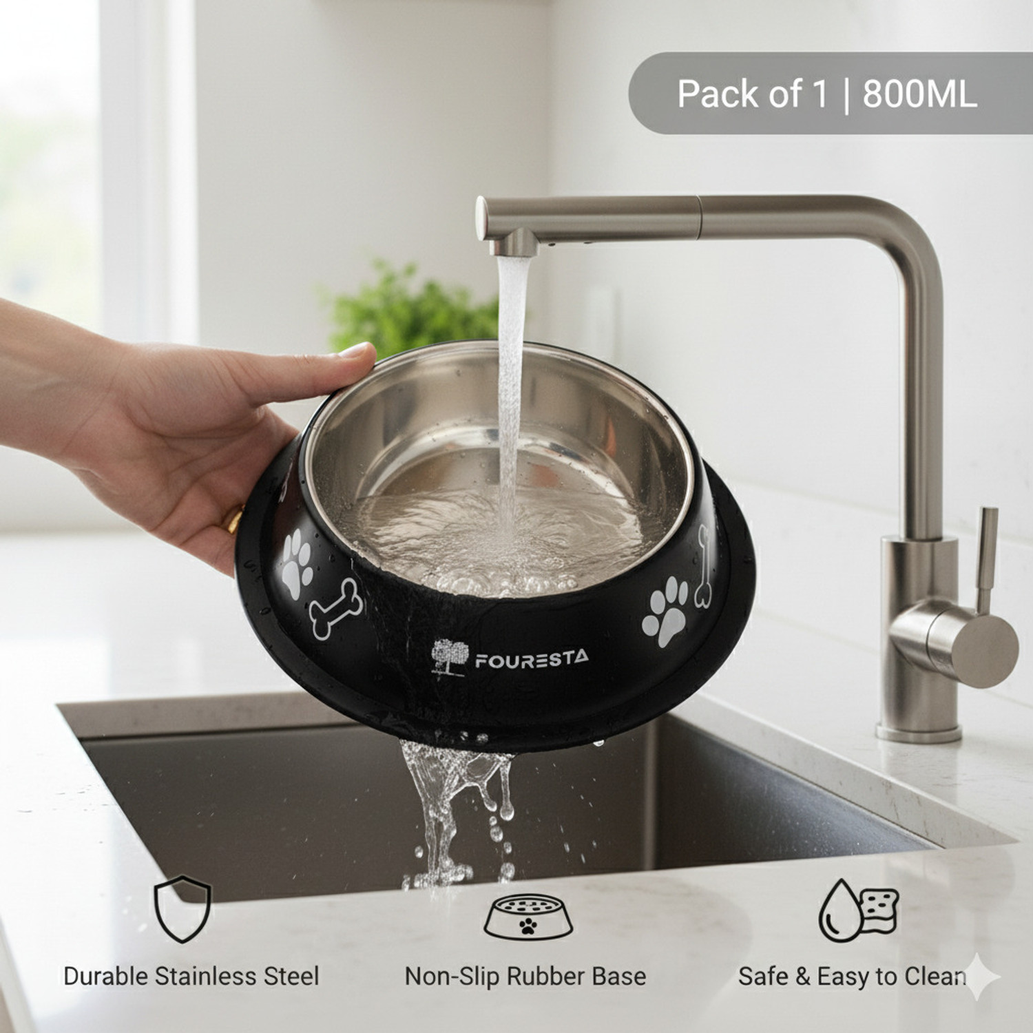 Image of FOURESTA Pet Bowl 800ml Round Stainless Steel Feeding Bowl for Dogs and Cats (Black) Stainless Steel Pet Bowl