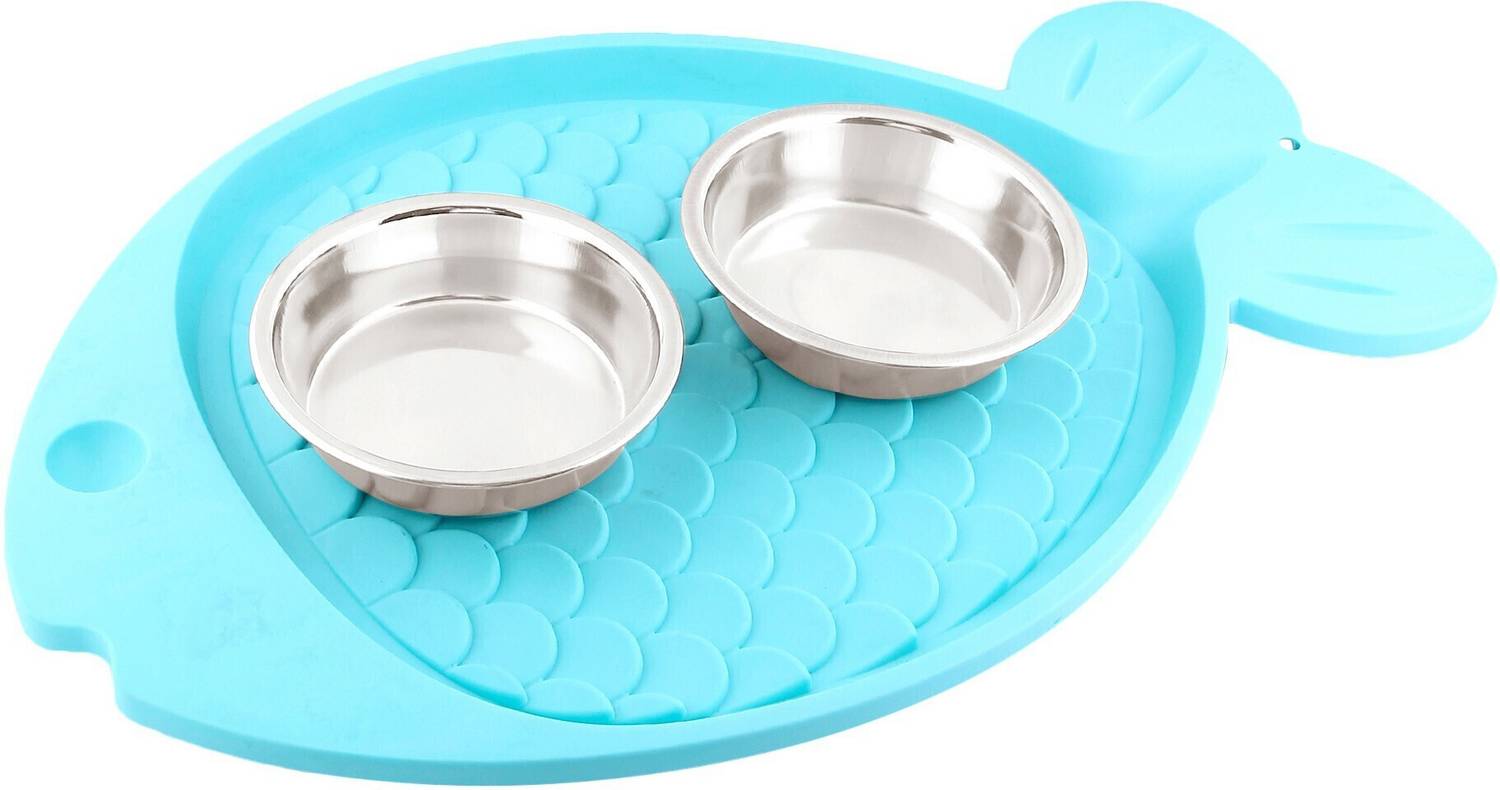 Animax Anti Skid Fish Shape Tray with Bowl Specially for Cat Fish Stainless Steel Pet Bowl