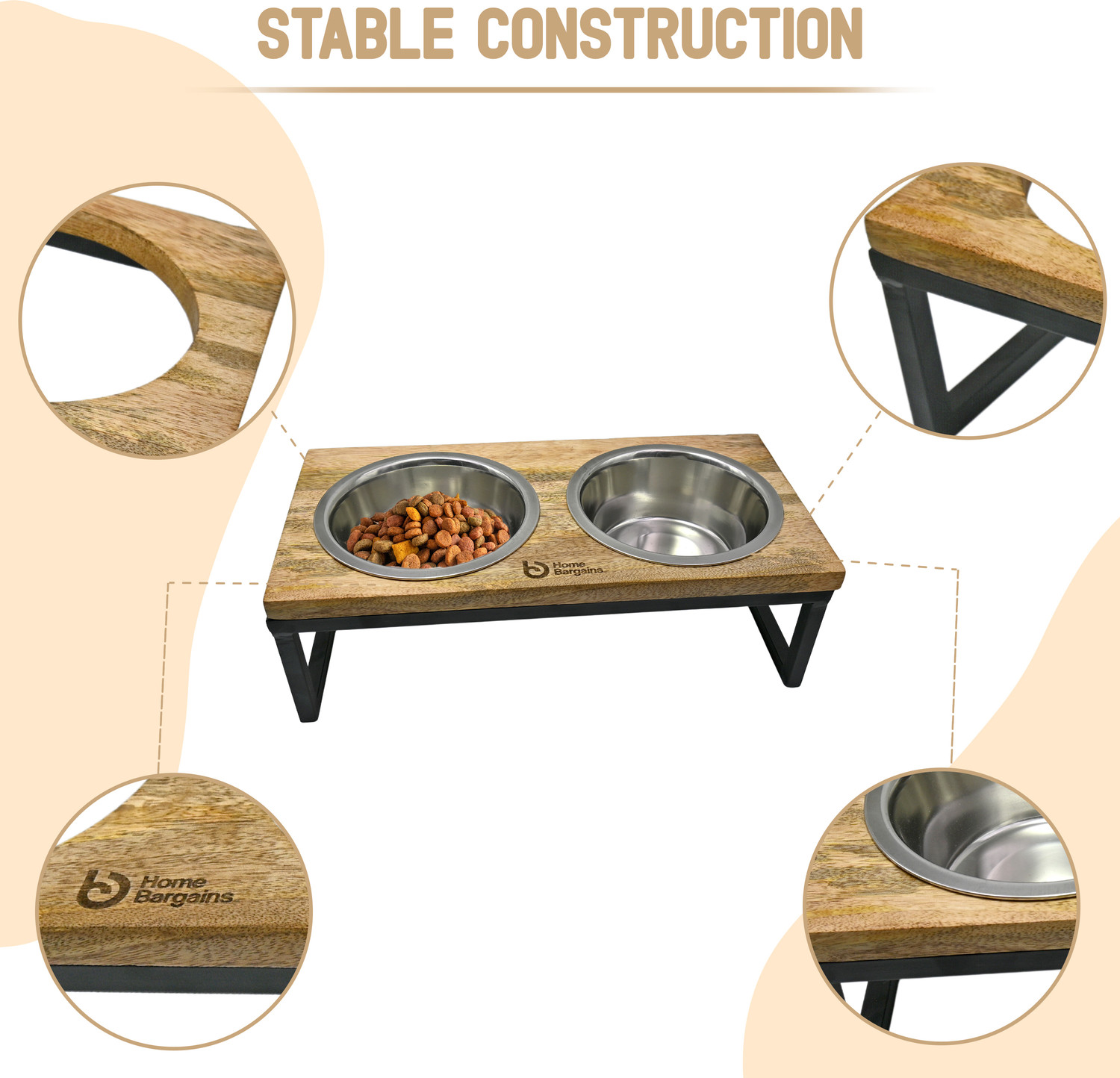 Image of Home Bargains Wooden Dog Bowls Stand with 2 Stainless Steel Bowl for Water and Food Stainless Steel Pet Bowl & Bottle