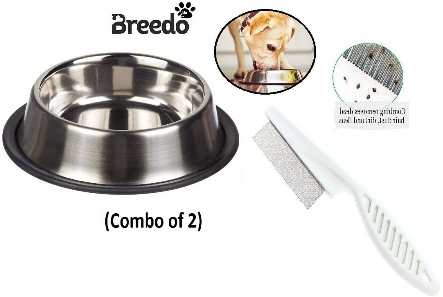 Breedo Pet Bowl (Combo of 2) Bowl +Hair Comb Anti Skid Scratch Proof (750 ml) Steel Pet Bowl