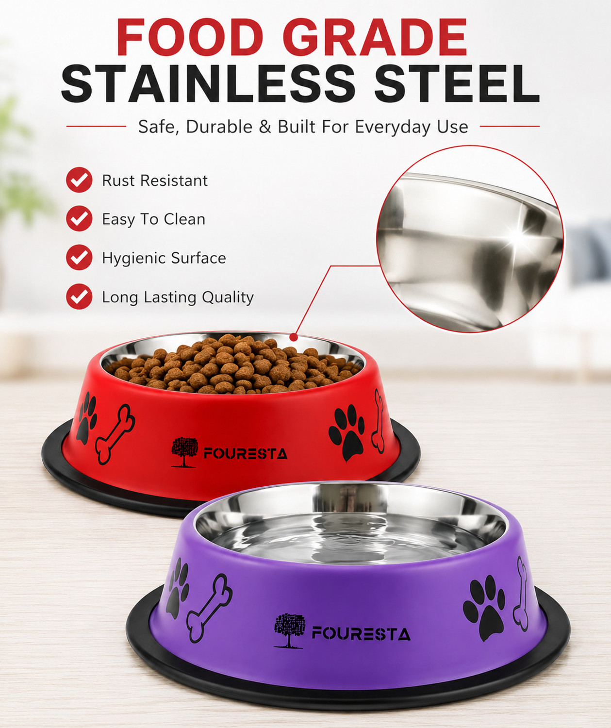 Image of FOURESTA Large Dog Bowl 700 ml Combo Pack of 2 Feeding Bowls for Dog Non-Skid Dog Bowl Stainless Steel Pet Bowl