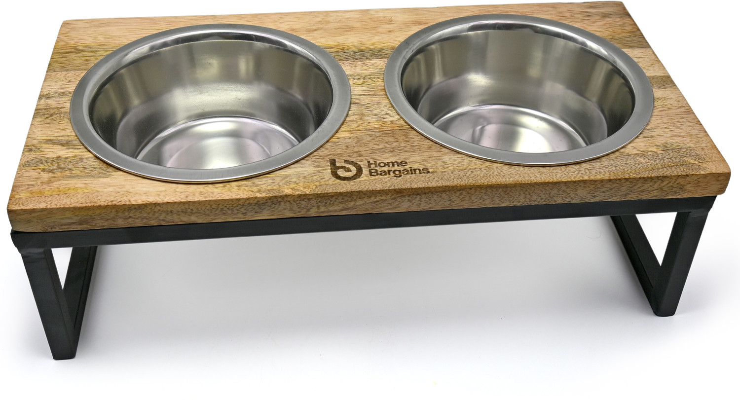 Image of Home Bargains Wooden Dog Bowls Stand with 2 Stainless Steel Bowl for Water and Food Stainless Steel Pet Bowl & Bottle