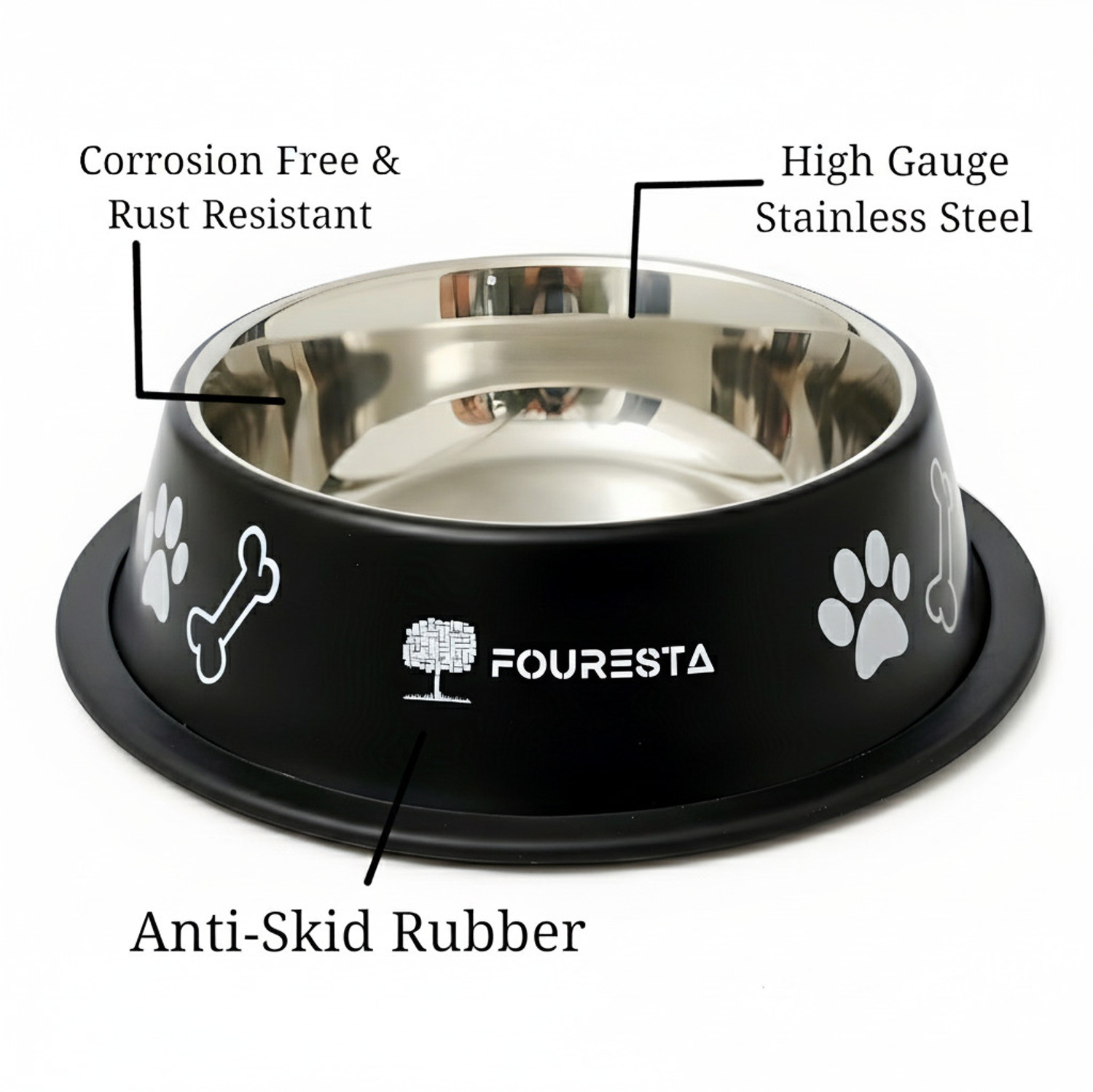 Image of FOURESTA Pet Bowl 800ml Round Stainless Steel Feeding Bowl for Dogs and Cats (Black) Stainless Steel Pet Bowl
