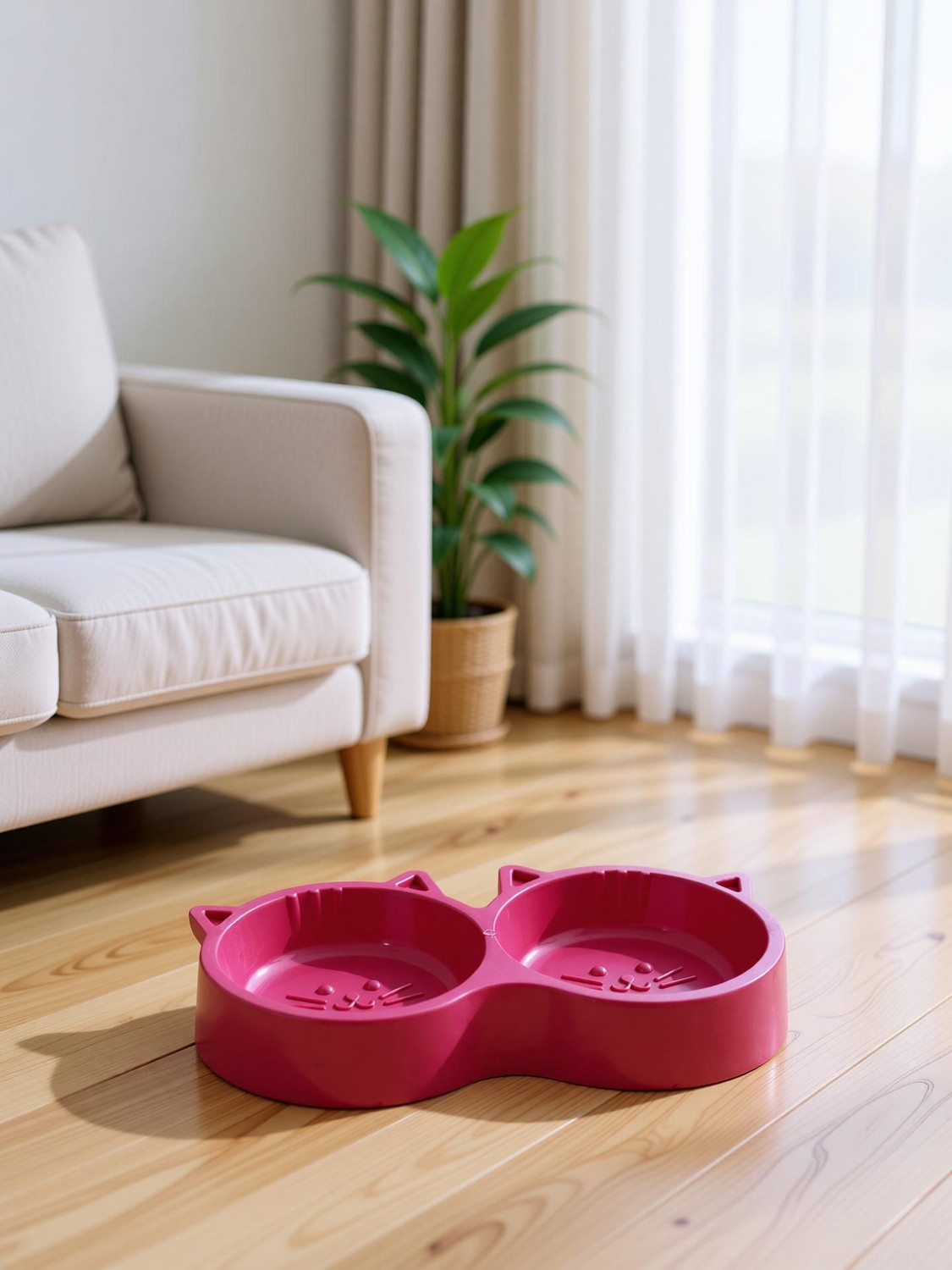 Image of S.Blaze Plastic Cat Face Shaped Double Bowl Food & Water Feeder 2-in-1 Bowl Plastic Pet Bowl & Bottle