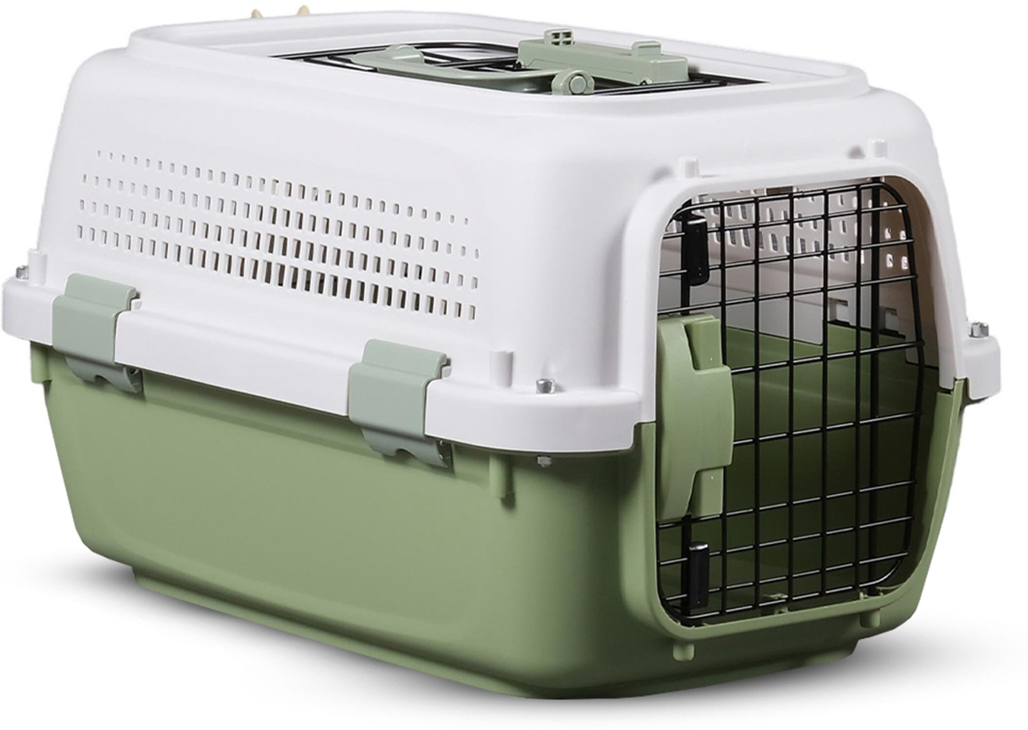 Image of Plushmate Heavy Duty Plastic Handle Portable Pet Travel Carrier Cage with Top & Front Door White, Green Basket Pet Carrier