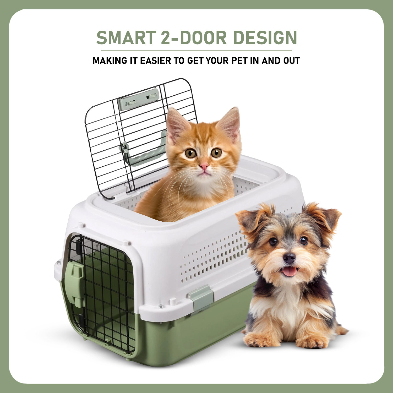 Image of Plushmate Heavy Duty Plastic Handle Portable Pet Travel Carrier Cage with Top & Front Door White, Green Basket Pet Carrier