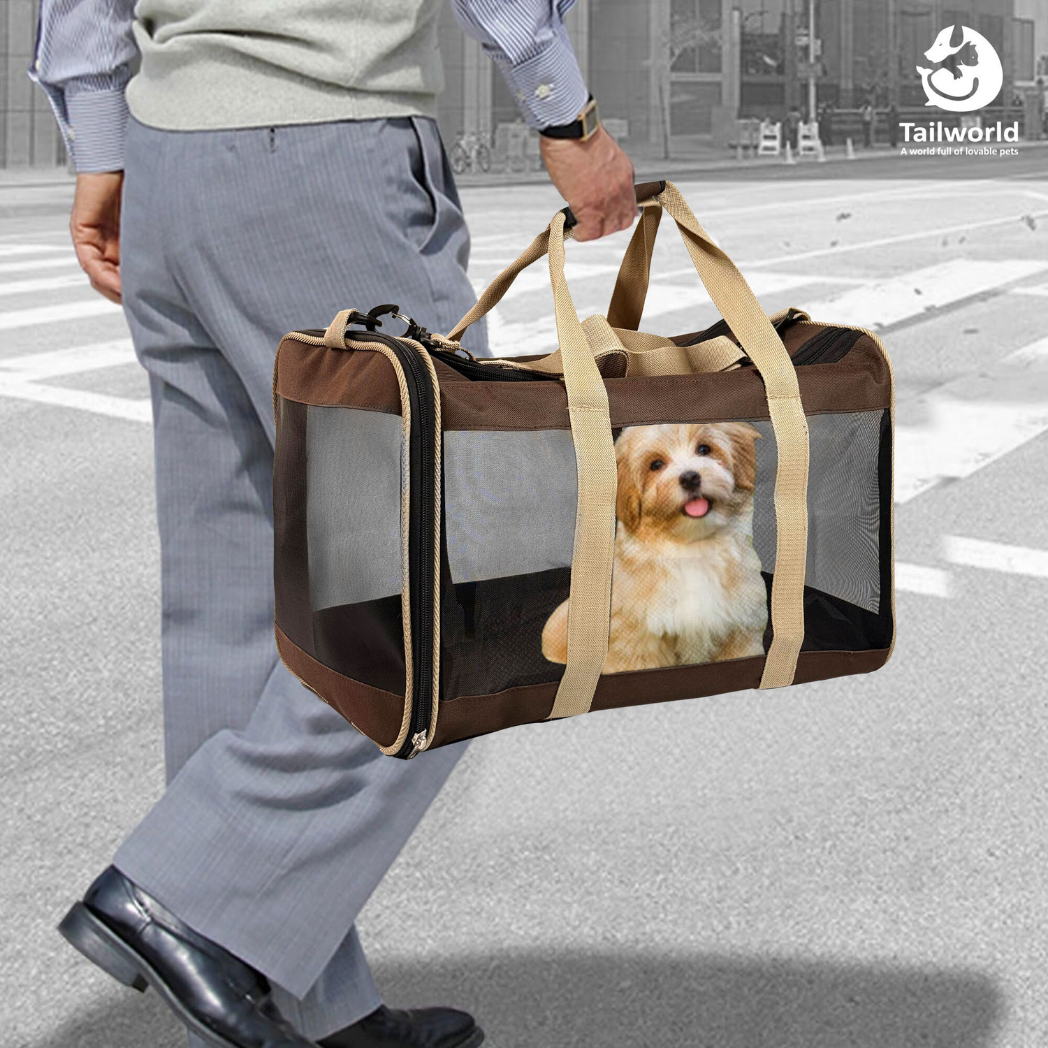 Image of Tailworld Breathable Mesh, Portable, Lightweight, Comfortable, Large Soft-Sided & Travel Brown, Black Backpack Pet Carrier
