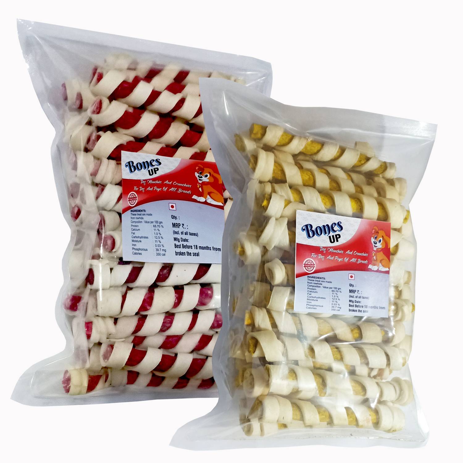 Bones UP Dog Chew Spiral Sticks (200g+200g) Mix Flavor (Chicken & Mutton), Dog Snacks Chicken, Mutton Dog Chew