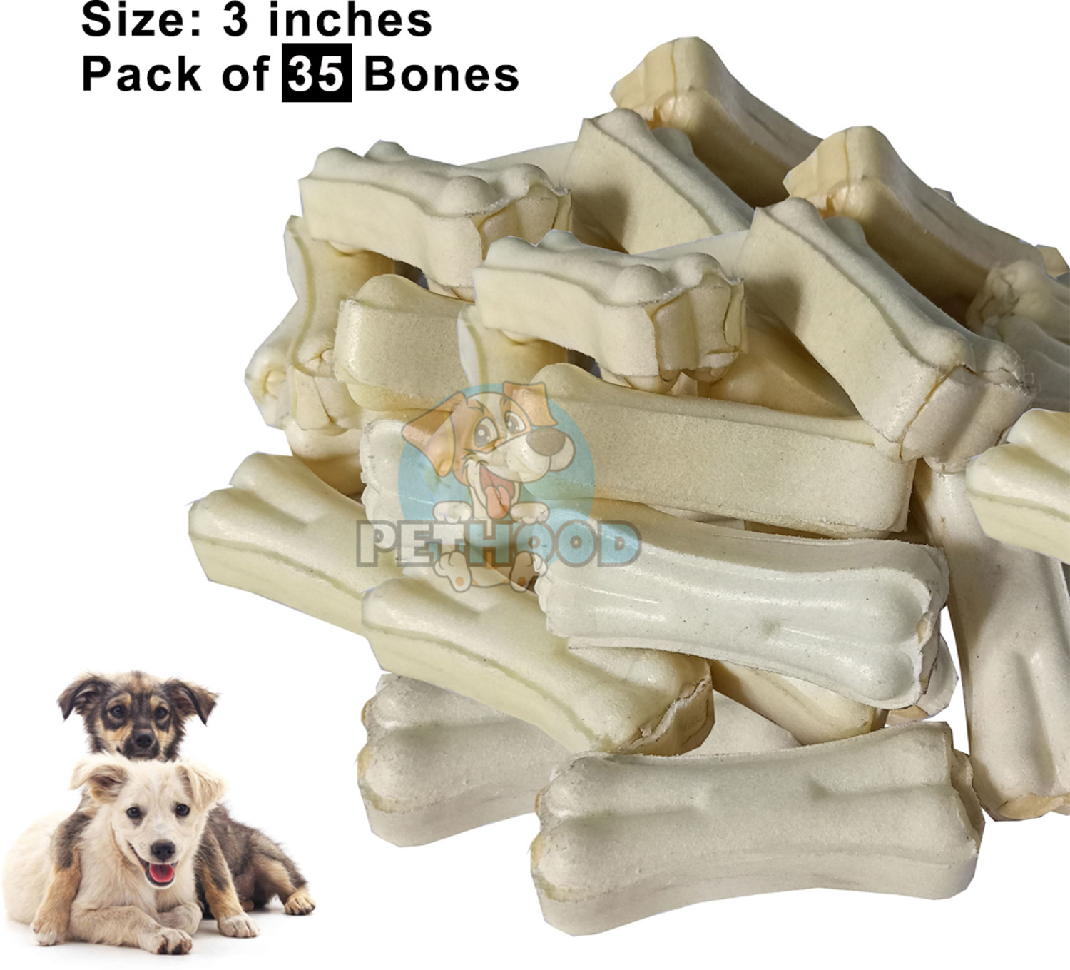Image of PET HOOD Dog Puppy Chew Bone - 3 inches (35 pcs) Rawhide Calcium Treat for Strong Teeth Chicken Dog Chew