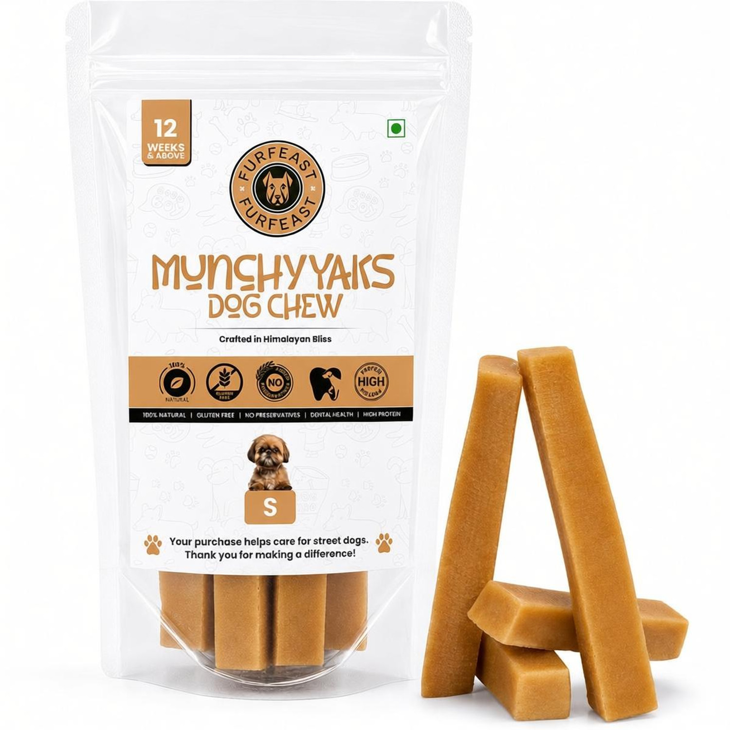 Furfeast MunchyYaks Dog Chew Small Bars 100g (4 pcs) | Himalayan Yak Chew | Vegetarian Cheese Dog Chew