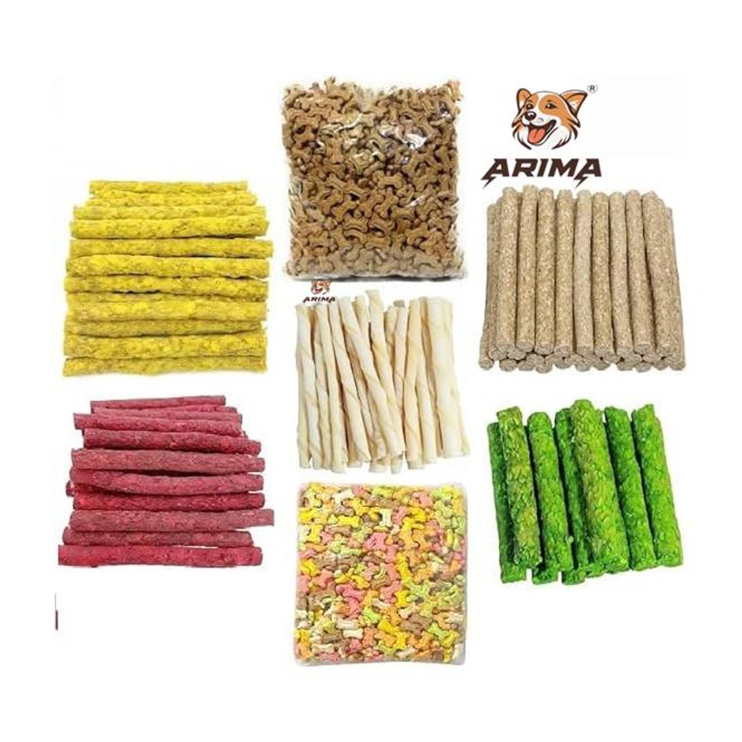 ARIMA Dog Chew Combo of 7 pack of 4 Stick 2 Biscuits 1 Milky Twisted Chicken, Mint, Vegetable, Milk, Cheese Dog Chew