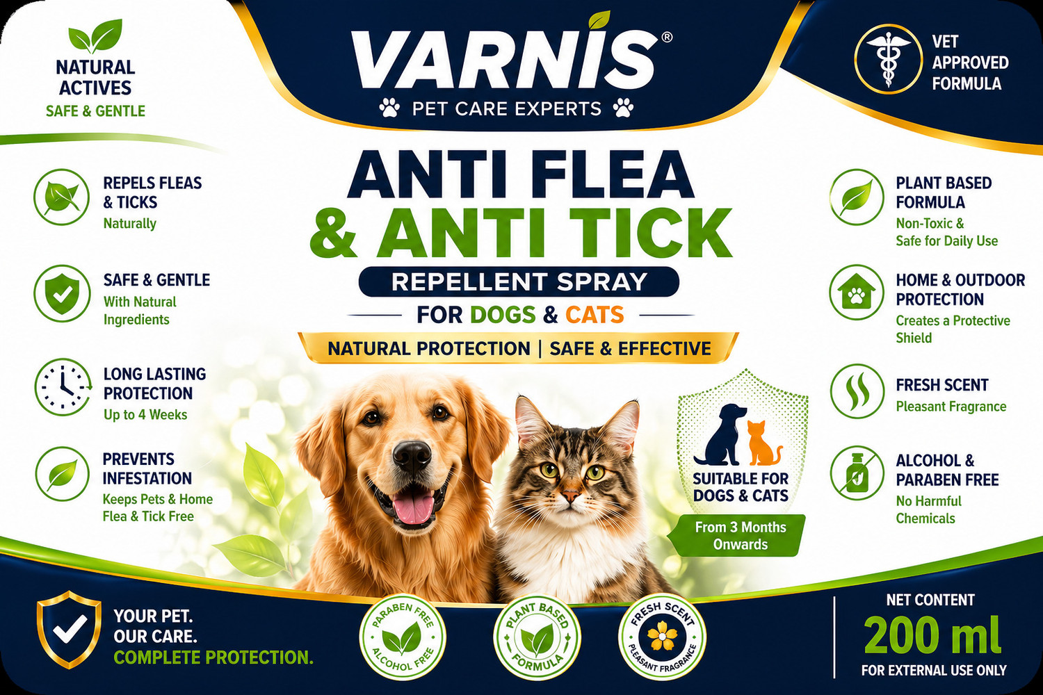 Image of varnis Anti Flea & Anti Tick Repellent Spray - Natural Actives for Dogs & Cats Pack 1 200 ml Pet Ear Cleanser