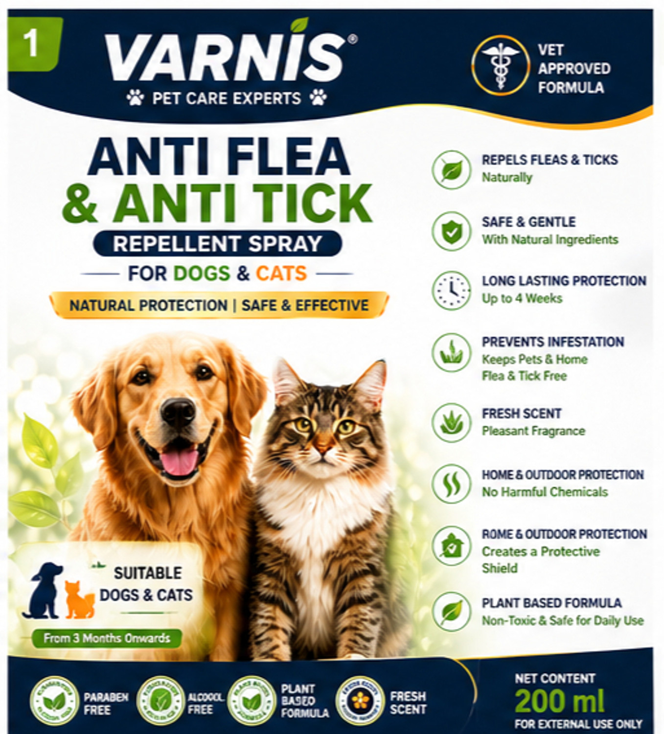 Image of varnis Anti Flea & Anti Tick Repellent Spray - Natural Actives for Dogs & Cats Pack 1 200 ml Pet Ear Cleanser
