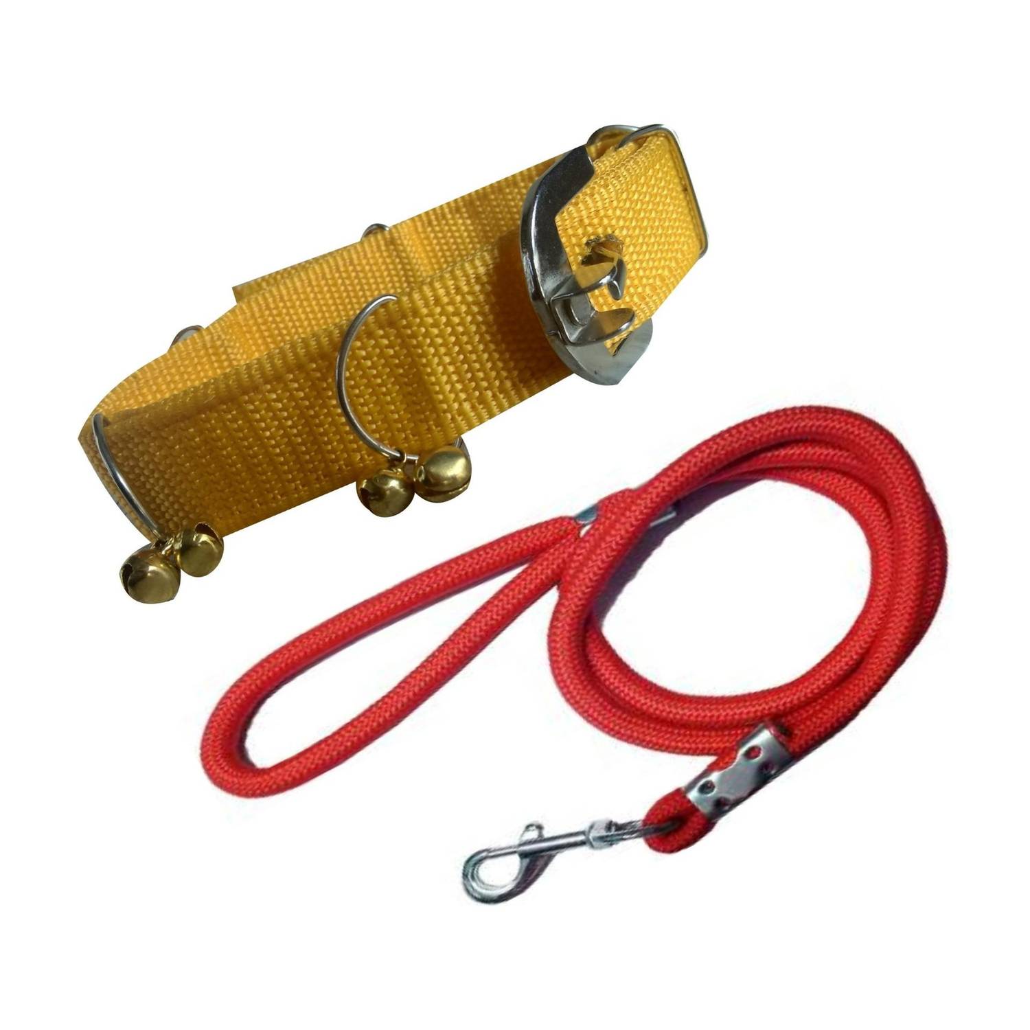 BODY BUILDING Nylon Dog Belt Combo of Yellow Ghungroo Collar with Red Lead 1.5m Lengthy Dog Collar & Leash