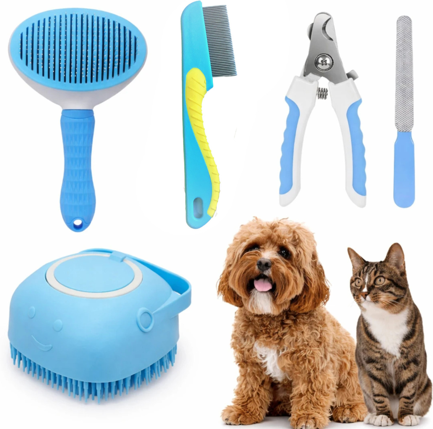 Image of Emily Pets 4-in-1 Pet Grooming Set Dog Cat Nail Cutter Slicker Bath Brush Flea comb Basic Comb for Dog & Cat