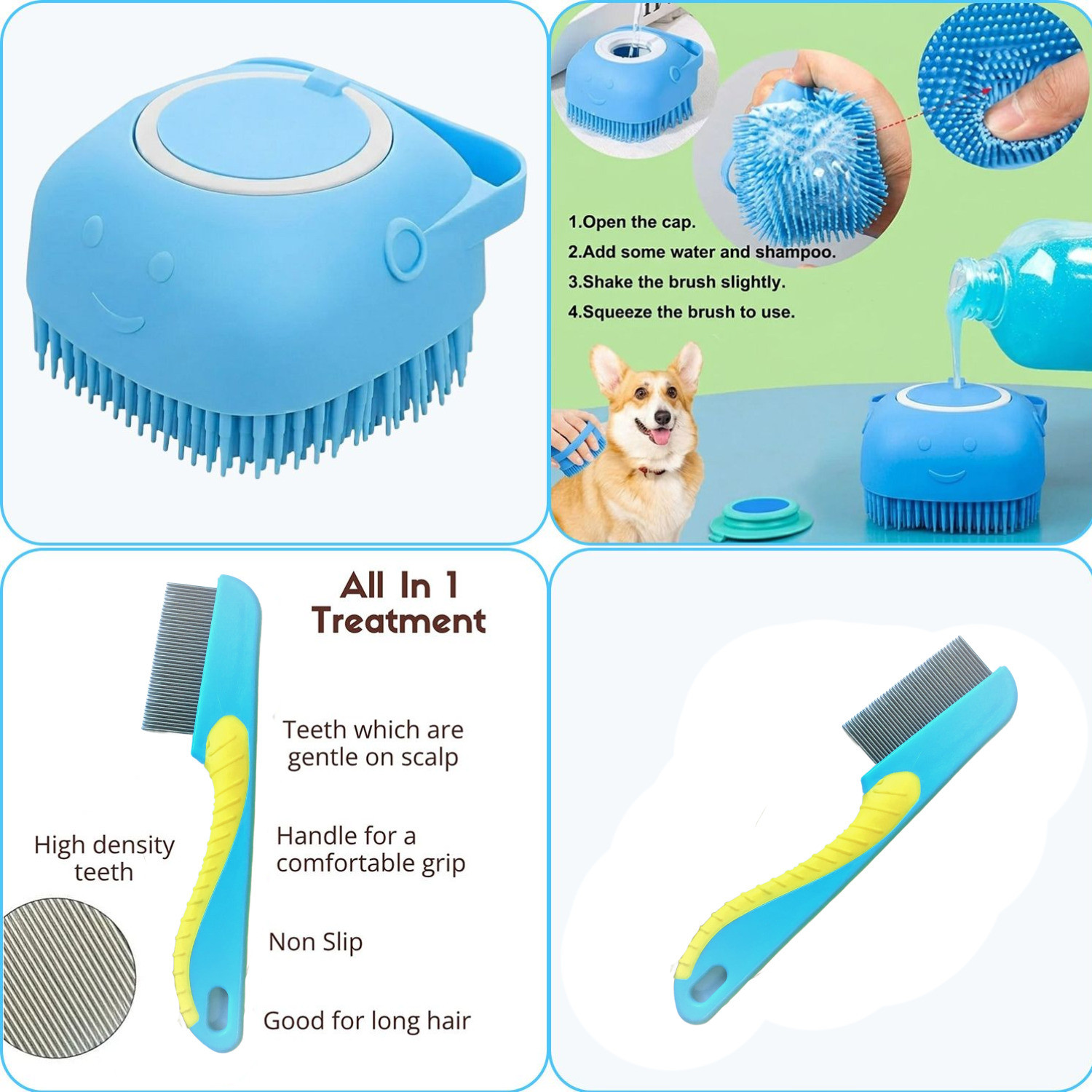 Image of Emily Pets 4-in-1 Pet Grooming Set Dog Cat Nail Cutter Slicker Bath Brush Flea comb Basic Comb for Dog & Cat