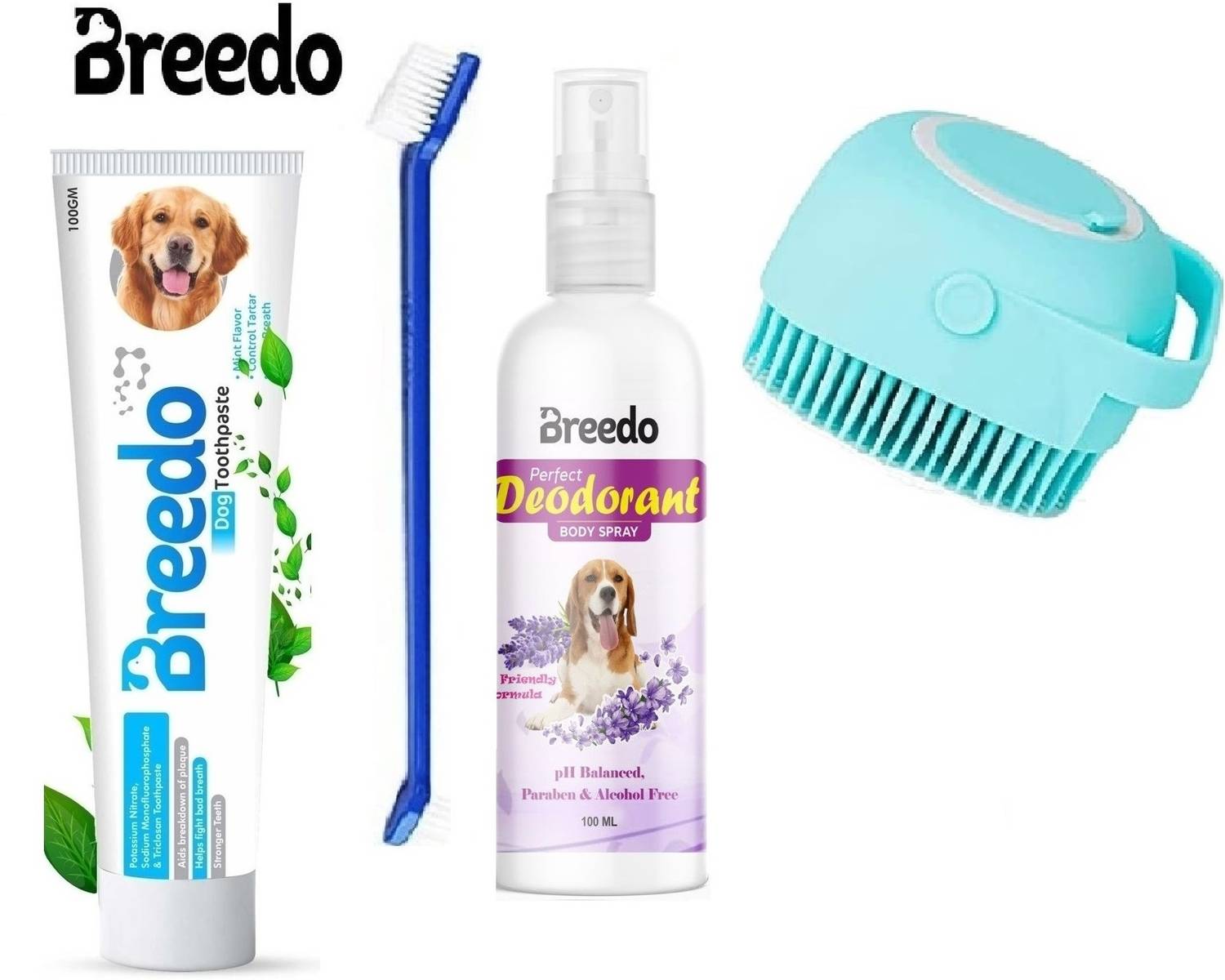 Breedo (Combo of 4) Toothpaste + Teeth Brush + Body Spray + Scrub For All Breed Dogs Basic Comb for Dog & Cat, Dog, Monkey, Rabbit, Hamster
