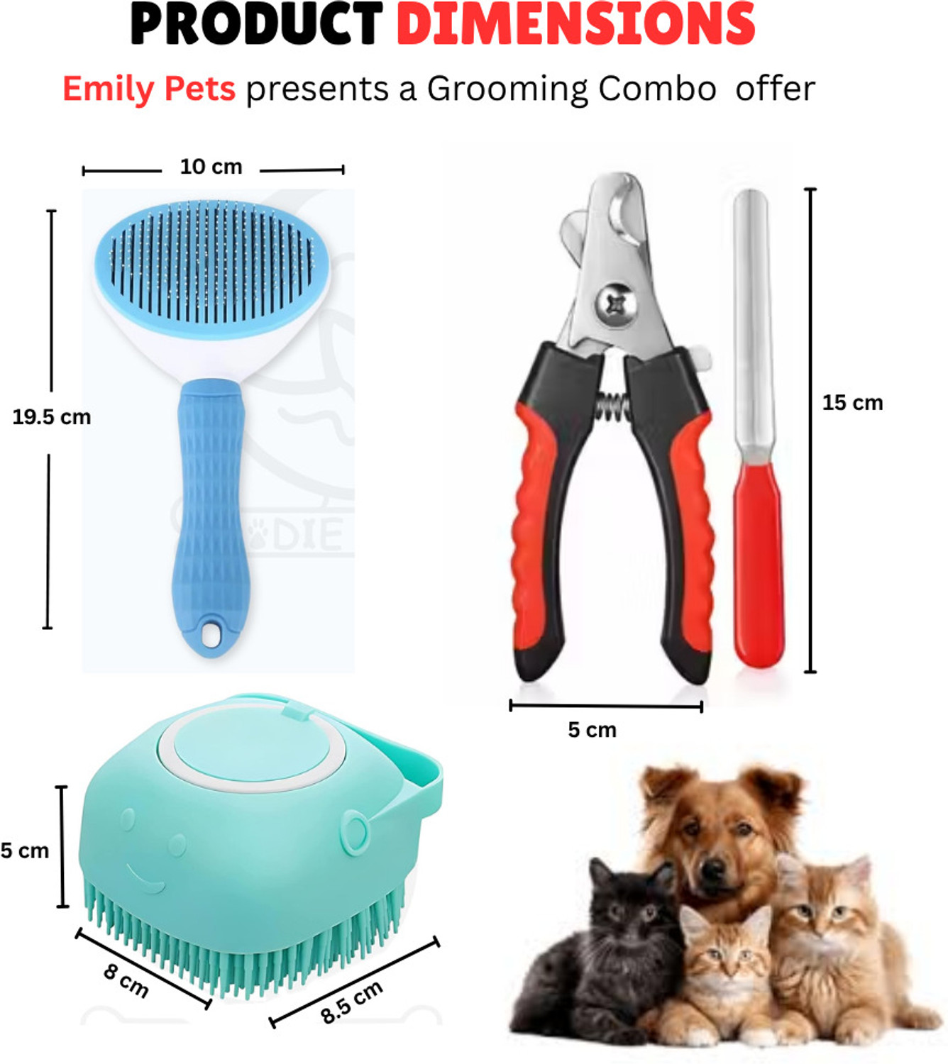 Image of Emily Pets Dog Grooming Kit Slicker Brush, Nail Clipper & File, Silicone Bath Brush Combo Scissor Nail Clipper