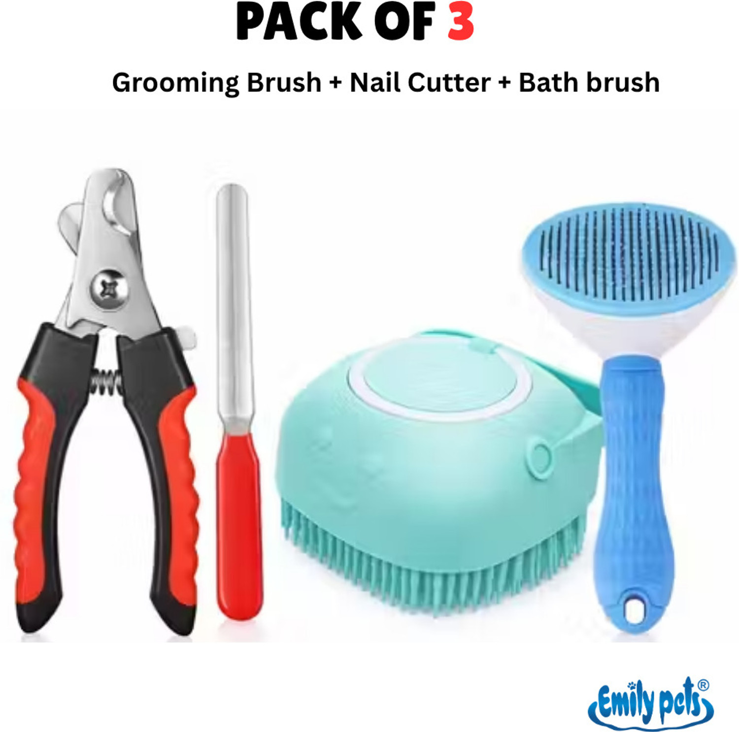Image of Emily Pets Dog Grooming Kit Slicker Brush, Nail Clipper & File, Silicone Bath Brush Combo Scissor Nail Clipper