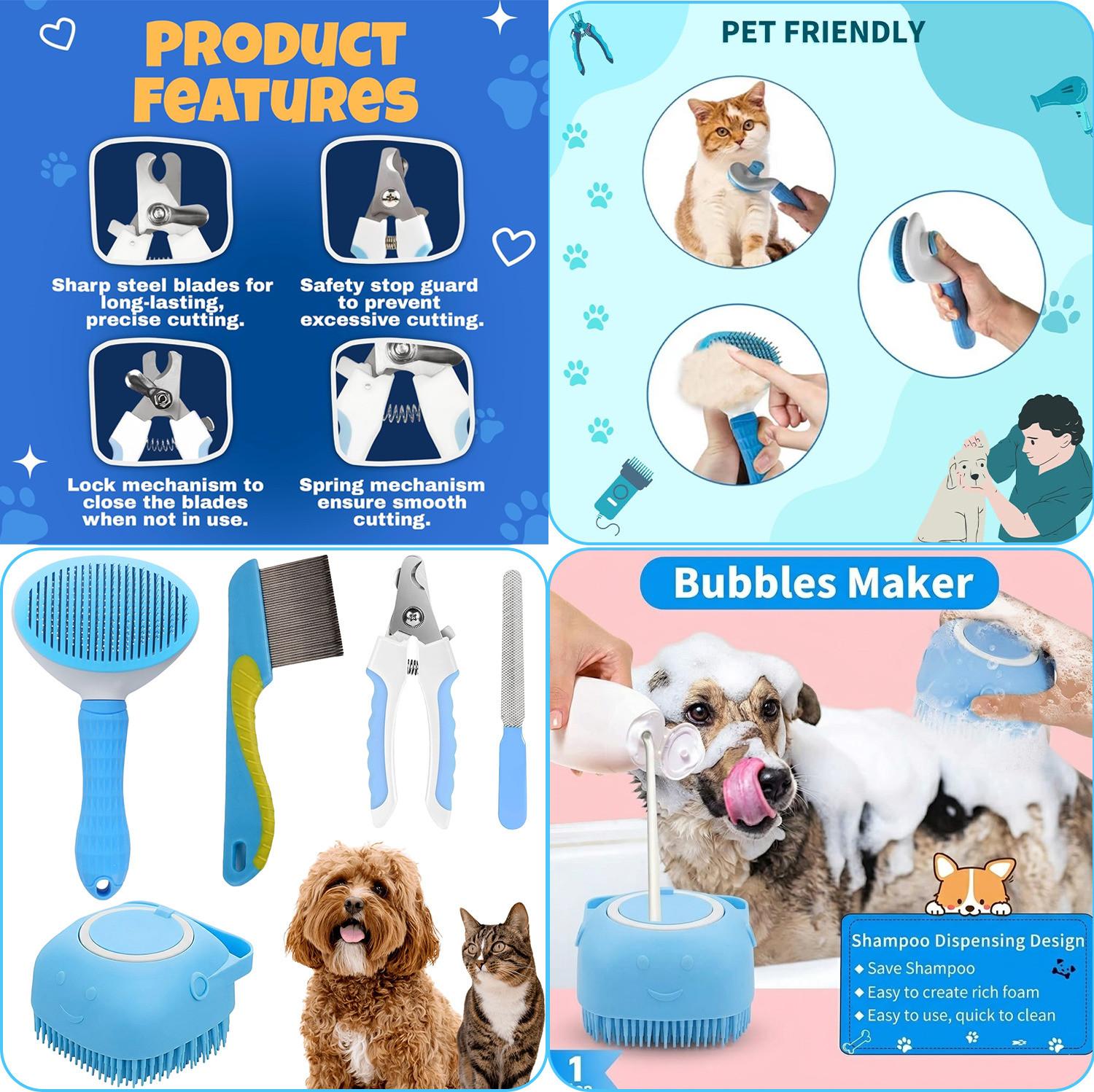 Image of Emily Pets 4-in-1 Pet Grooming Set Dog Cat Nail Cutter Slicker Bath Brush Flea comb Basic Comb for Dog & Cat