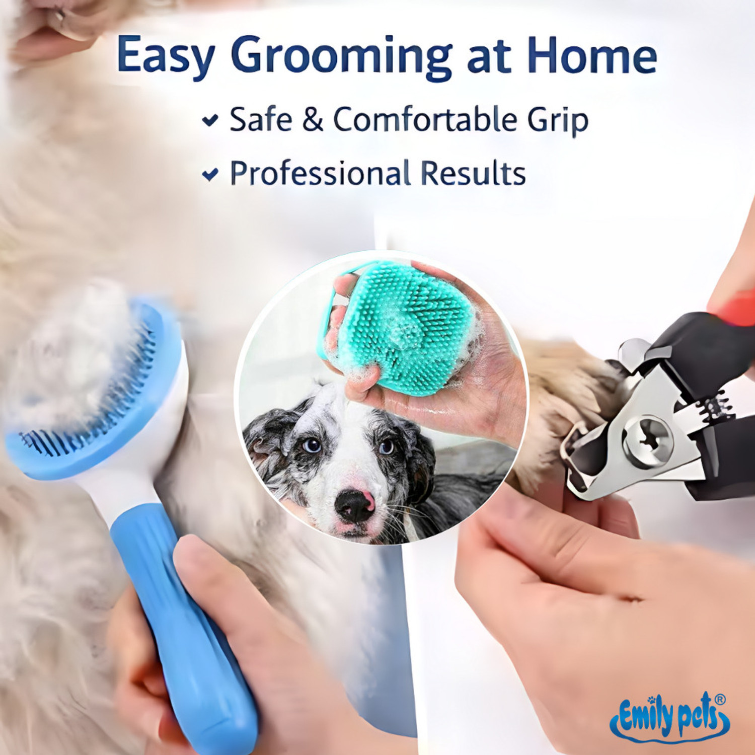 Image of Emily Pets Dog Grooming Kit Slicker Brush, Nail Clipper & File, Silicone Bath Brush Combo Scissor Nail Clipper