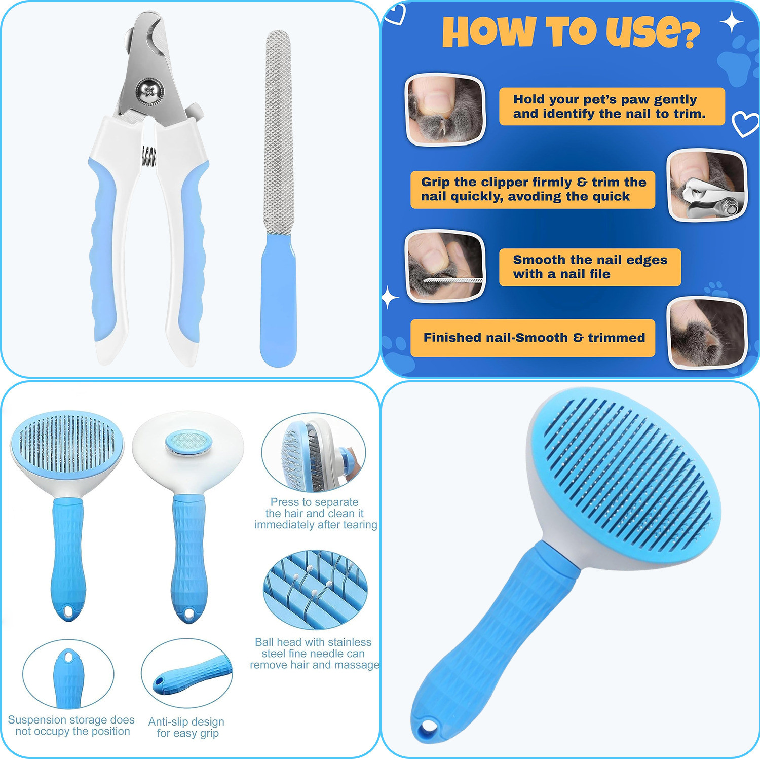 Image of Emily Pets 4-in-1 Pet Grooming Set Dog Cat Nail Cutter Slicker Bath Brush Flea comb Basic Comb for Dog & Cat