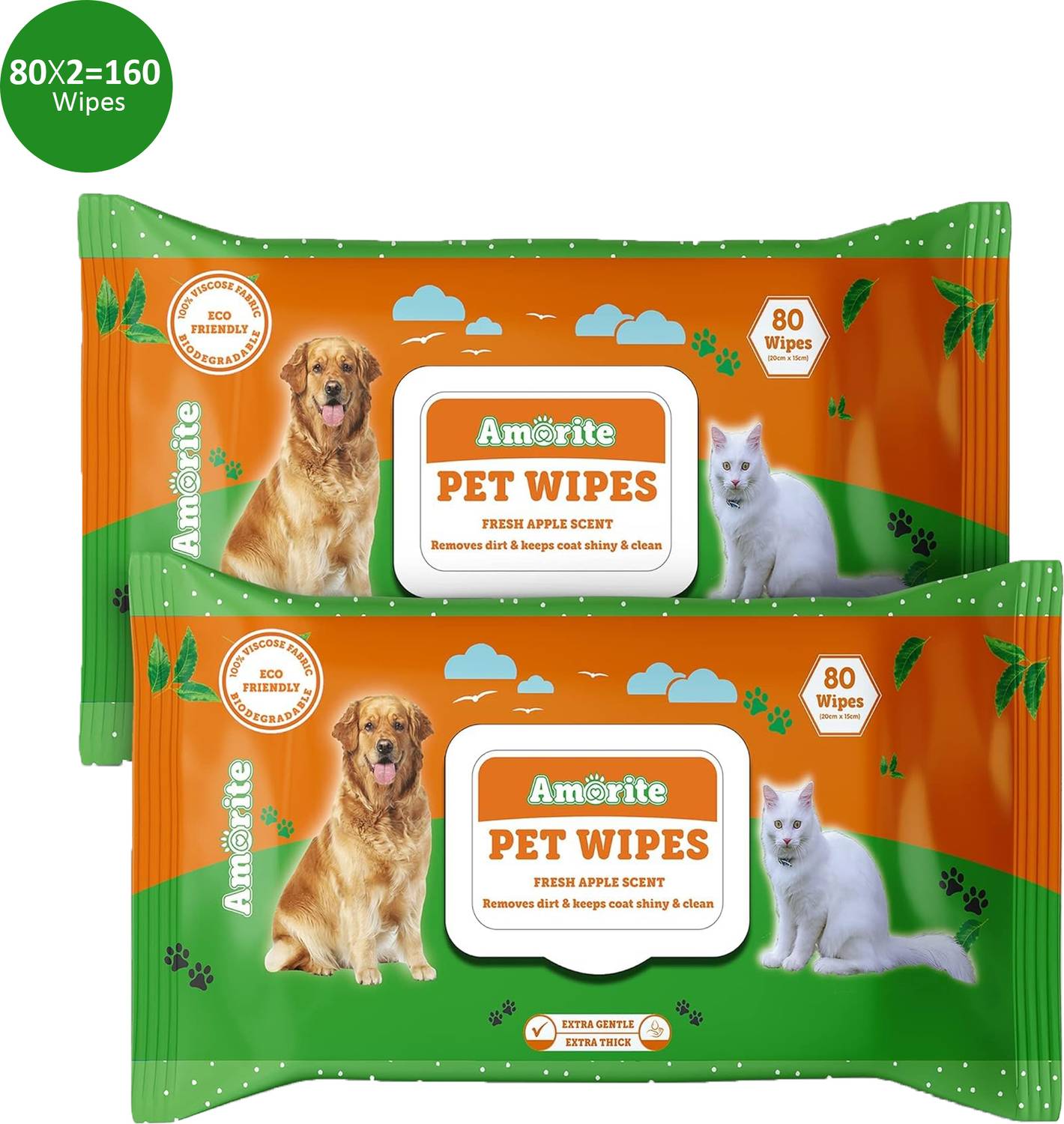 Amorite 80 Pulls Pet Wipes Biodegradable , Anti-Bacterial, Alcohol-Free for All Pets Pet Ear Eye Wipes