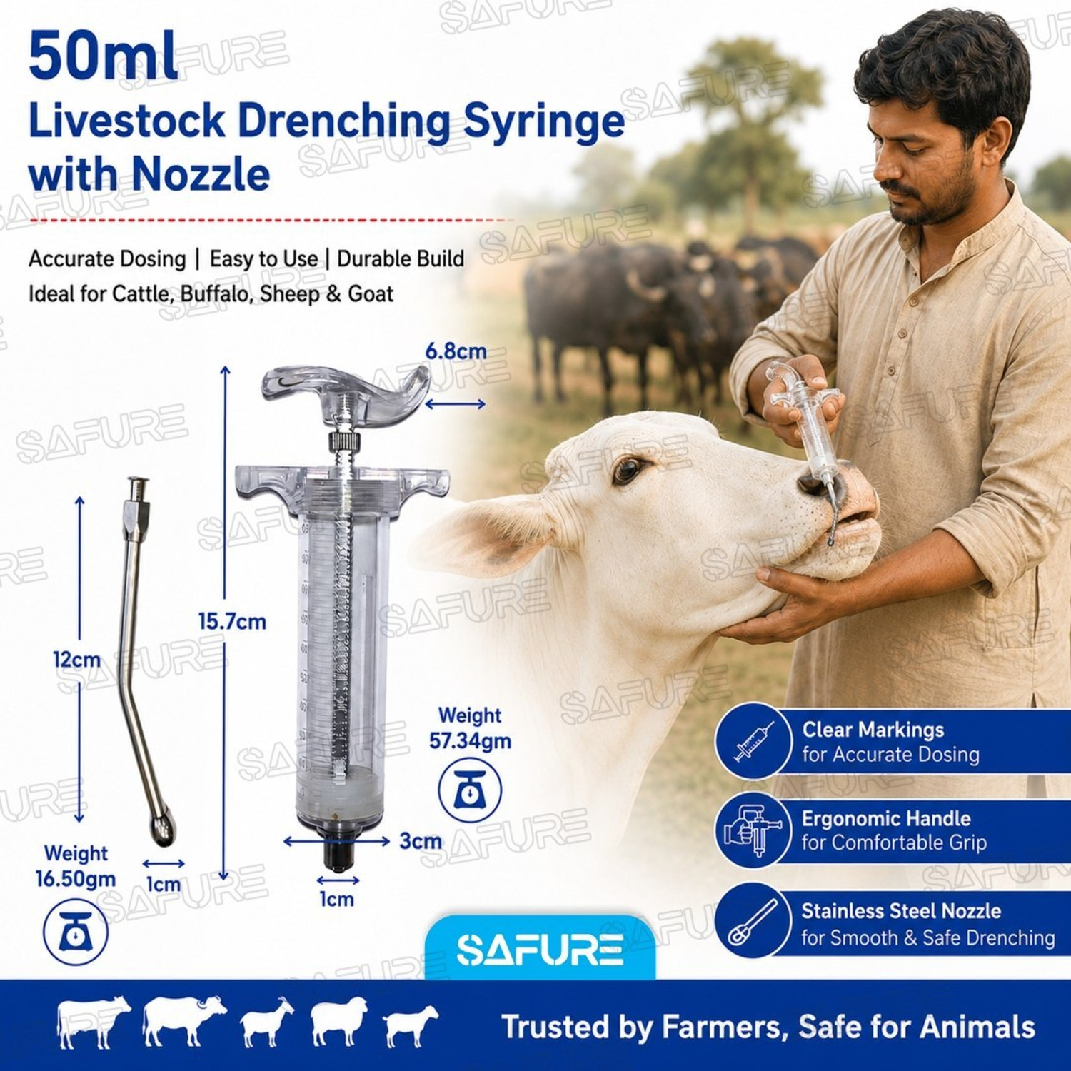 Image of SAFURE 50ml Livestock Syringe with Nozzle - Multipurpose Feeding & Medical Injector Pet First Aid Kit