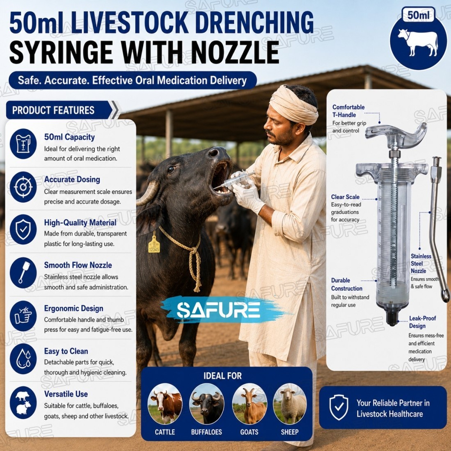 Image of SAFURE 50ml Livestock Syringe with Nozzle - Multipurpose Feeding & Medical Injector Pet First Aid Kit