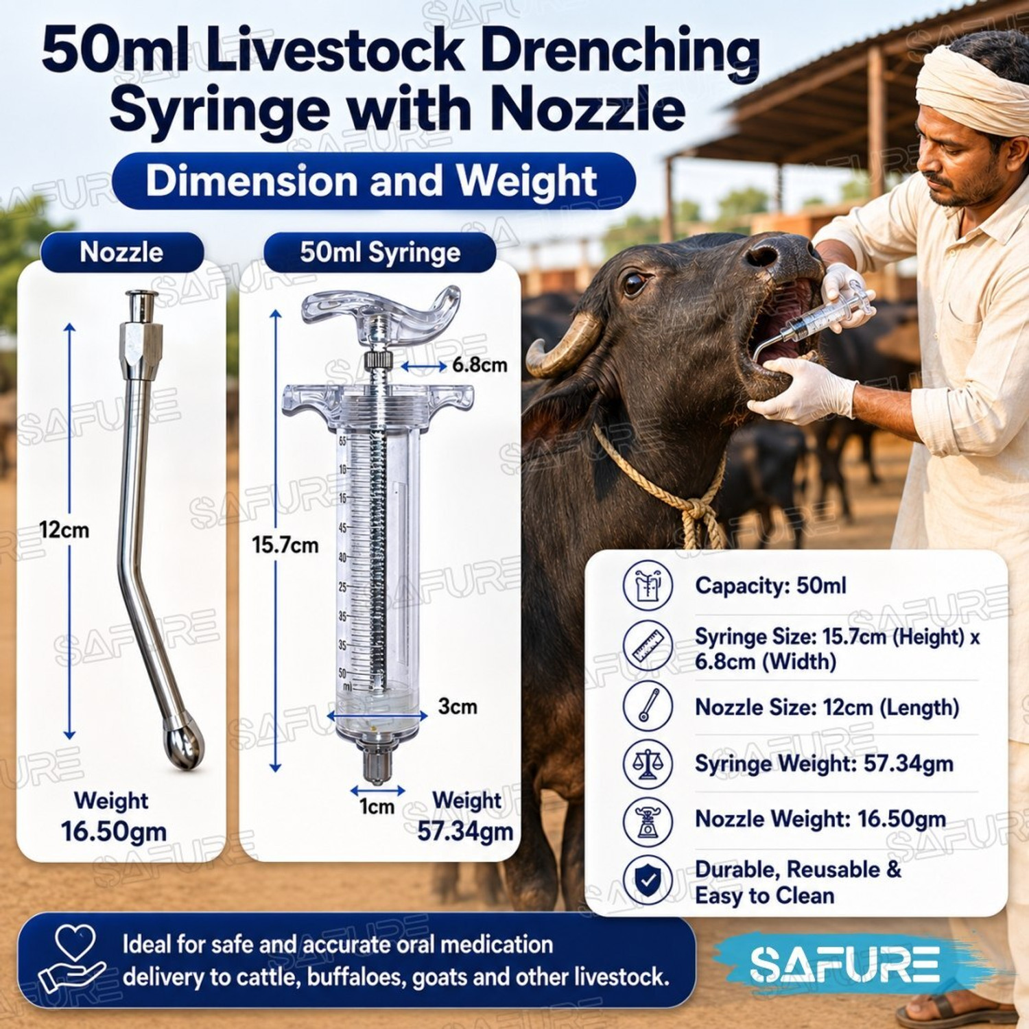 Image of SAFURE 50ml Livestock Syringe with Nozzle - Multipurpose Feeding & Medical Injector Pet First Aid Kit