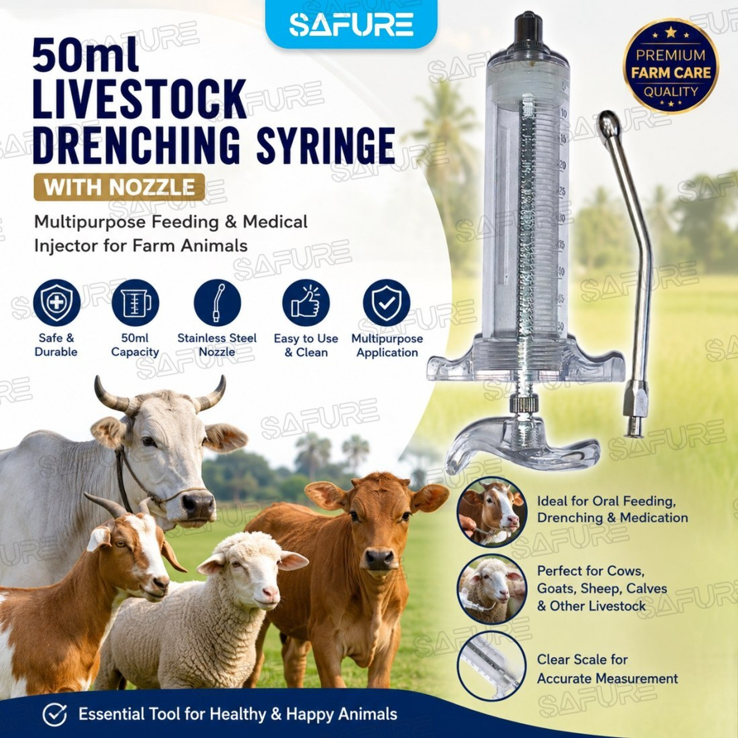 Image of SAFURE 50ml Livestock Syringe with Nozzle - Multipurpose Feeding & Medical Injector Pet First Aid Kit