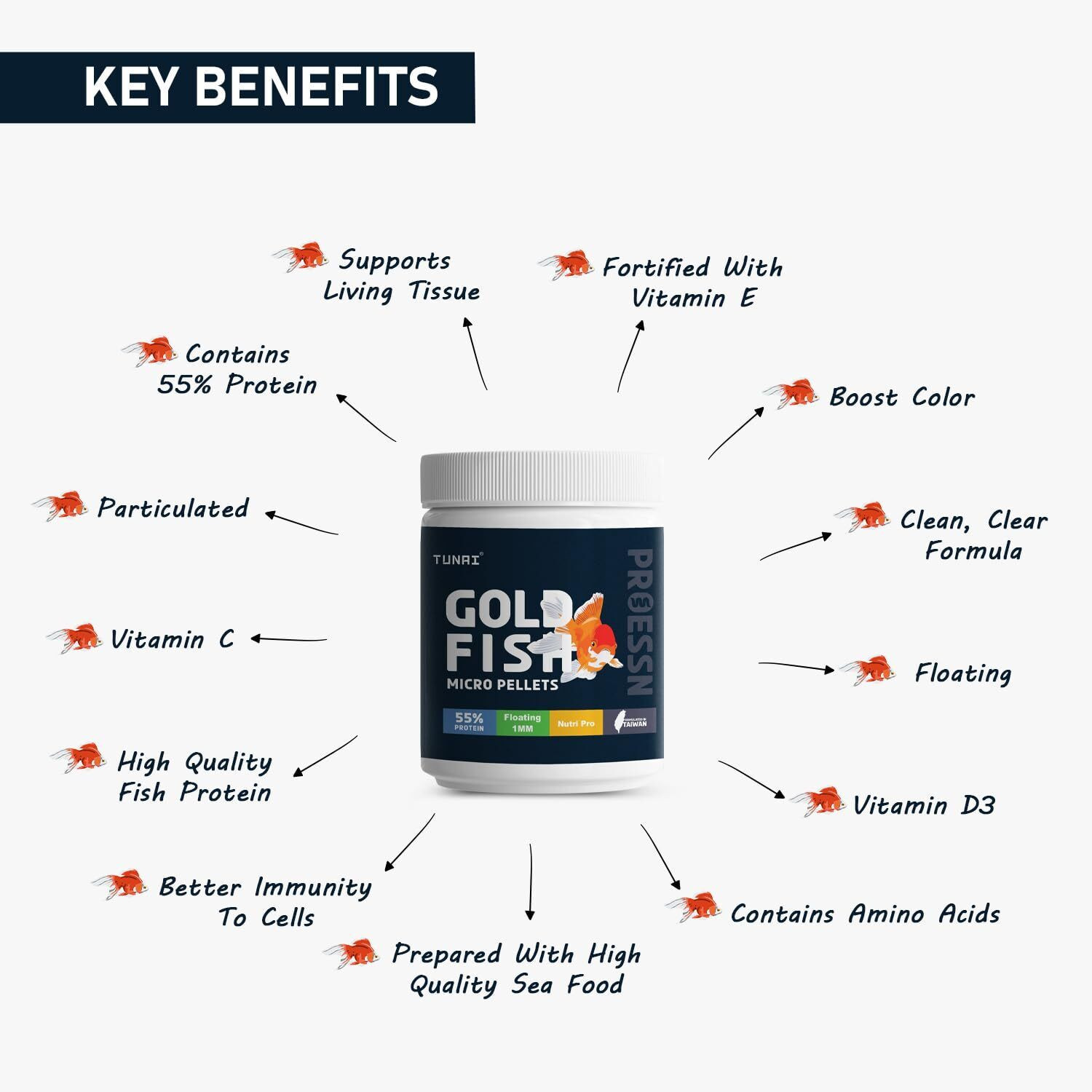 Image of TUNAI Gold Fish Micro Pellets 55% Protein Sea Food 0.1 kg Dry Adult, New Born, Senior, Young Fish Food