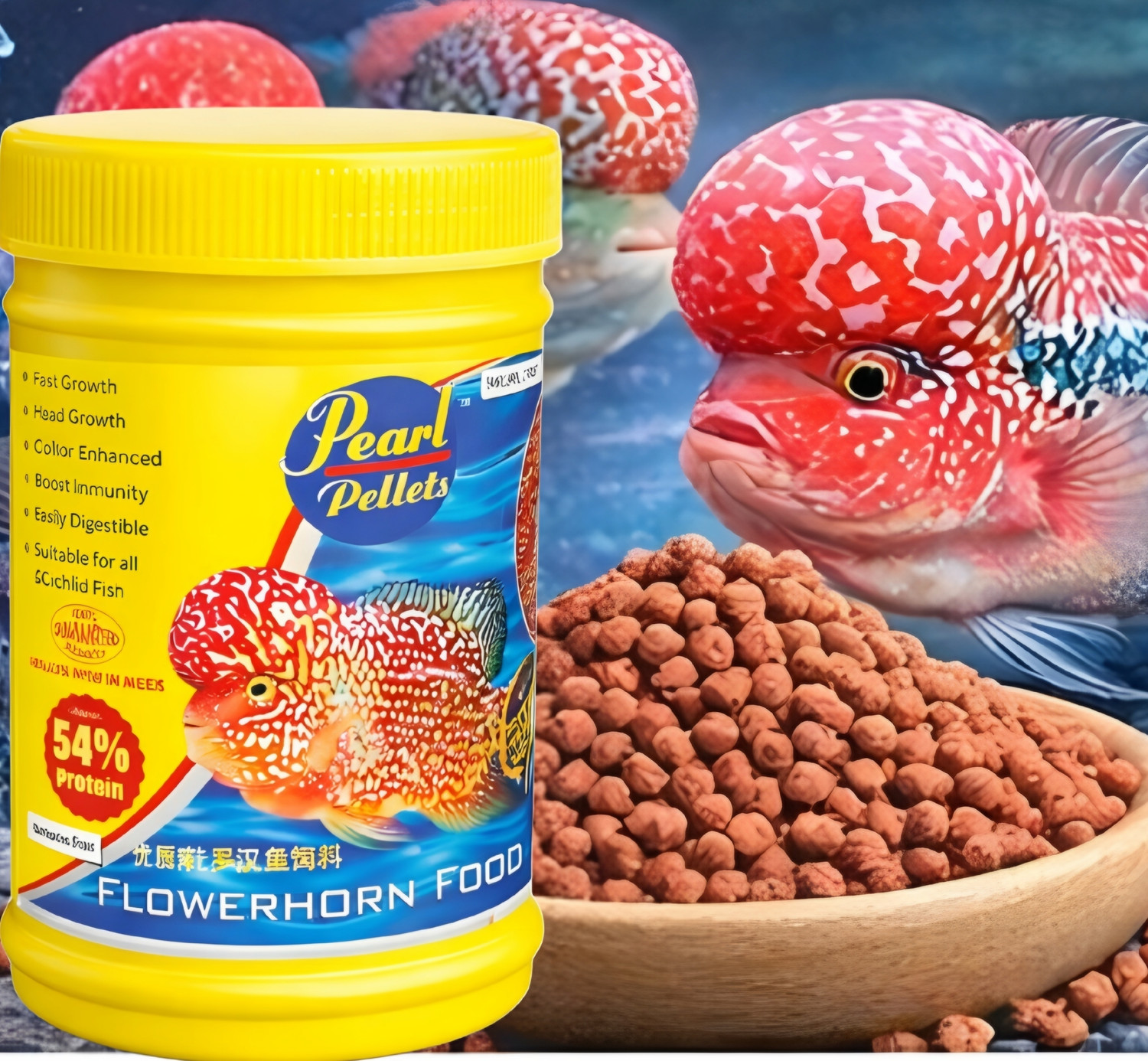 pearl pellets Flowerhorn Fish Food | 54% High Protein | Head Growth & Colour Enhance | 100g Fish 0.1 kg Dry Young, Senior, Adult Fish Food