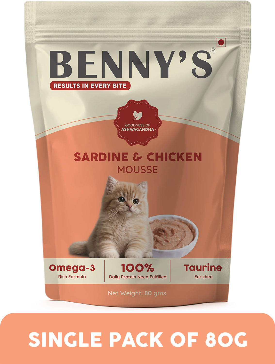 Image of Benny's Bowl Sardine Fish & Chicken Mousse Wet Cat Food - 80g Chicken 0.08 kg Wet All Life Stages Cat Food