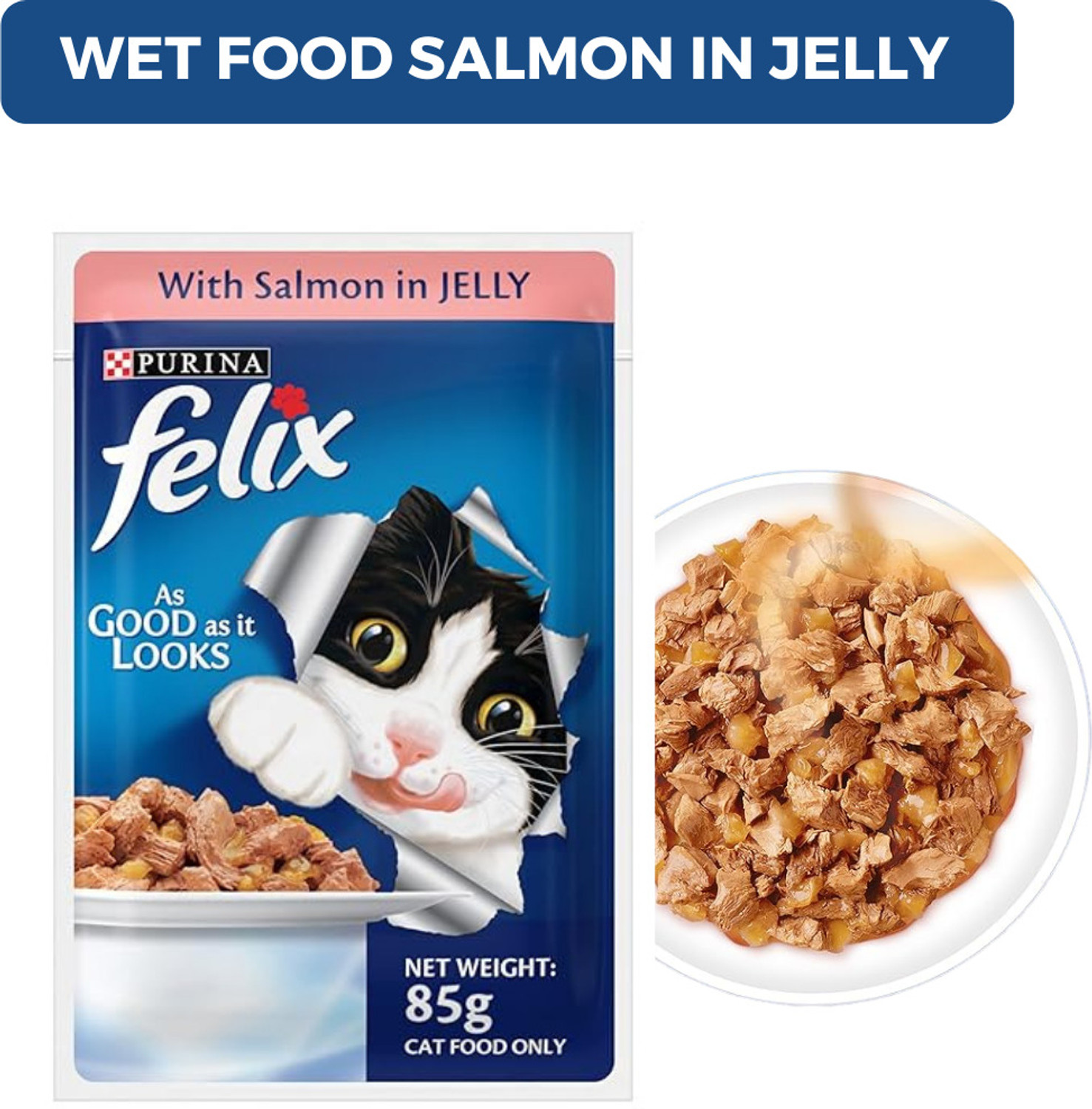 Image of purina Purina Felix Wet Food for Adult Cats, Salmon in Jelly Flavour, Pack of 12x85 gm Salmon 1.02 kg (12x0.09 kg) Wet Adult Cat Food
